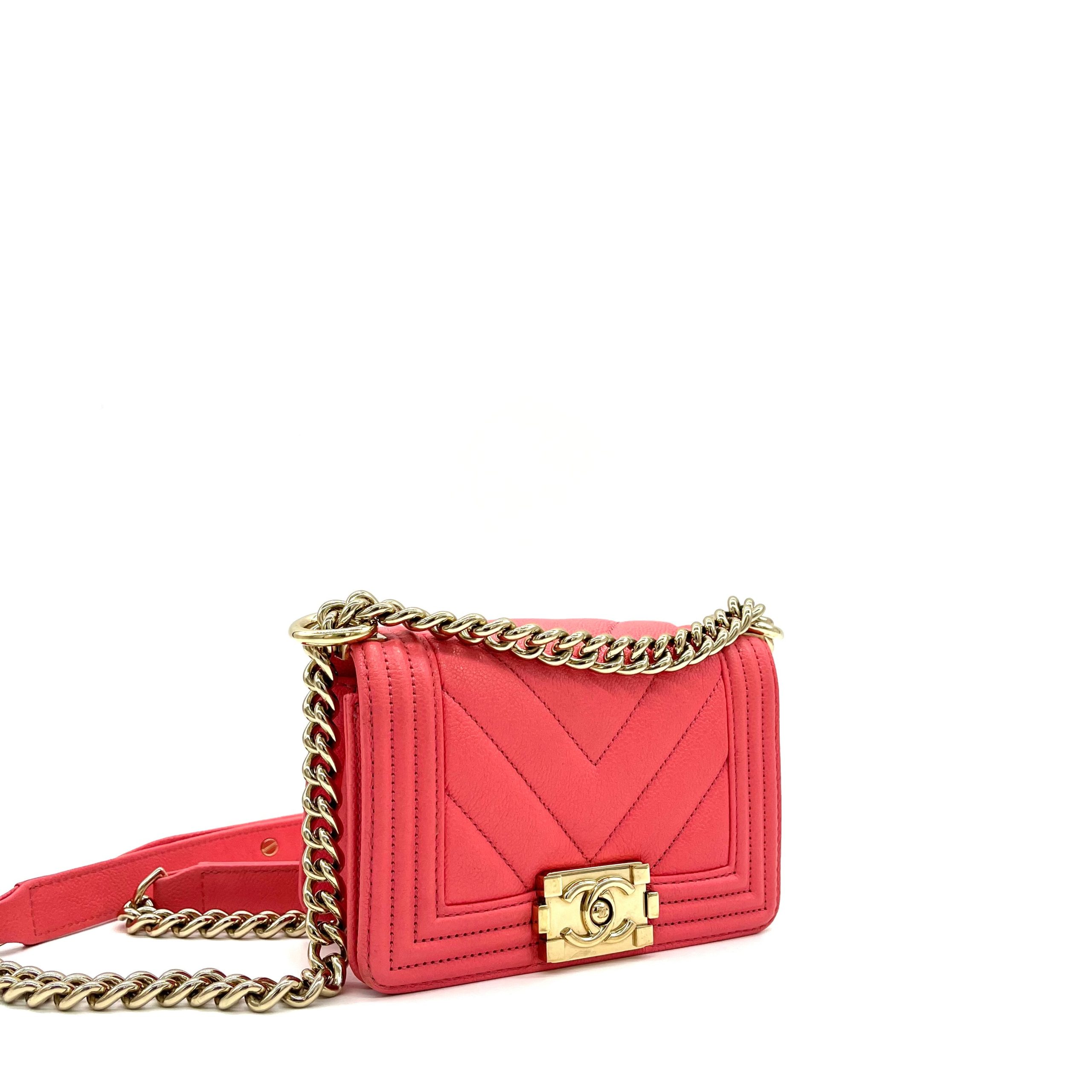 CHANEL Caviar Chevron Quilted Small Boy Flap Pink with Gold Hardware