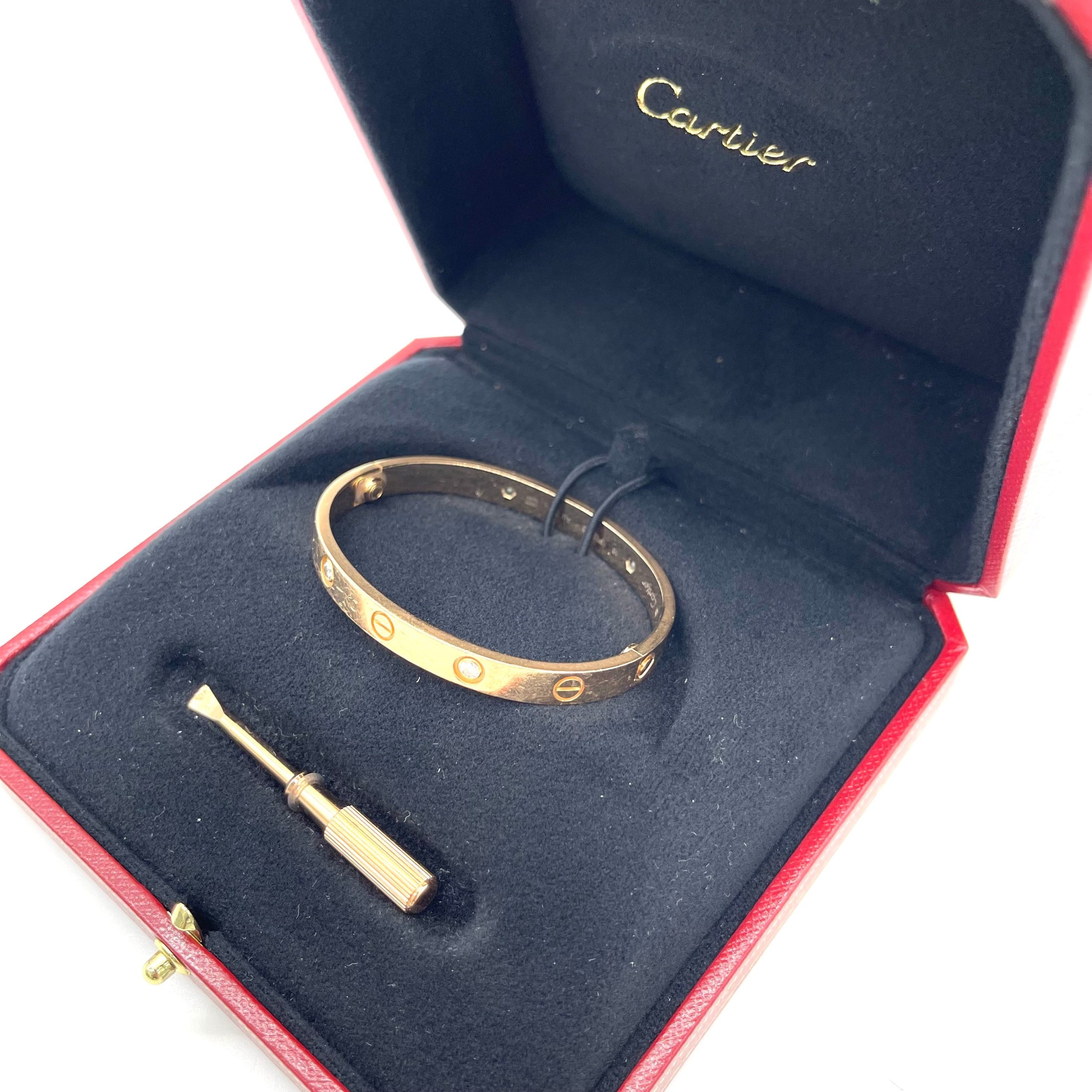 Cartier Love Bracelet, Classic Model with 4 Diamonds – Rose Gold, Size 16