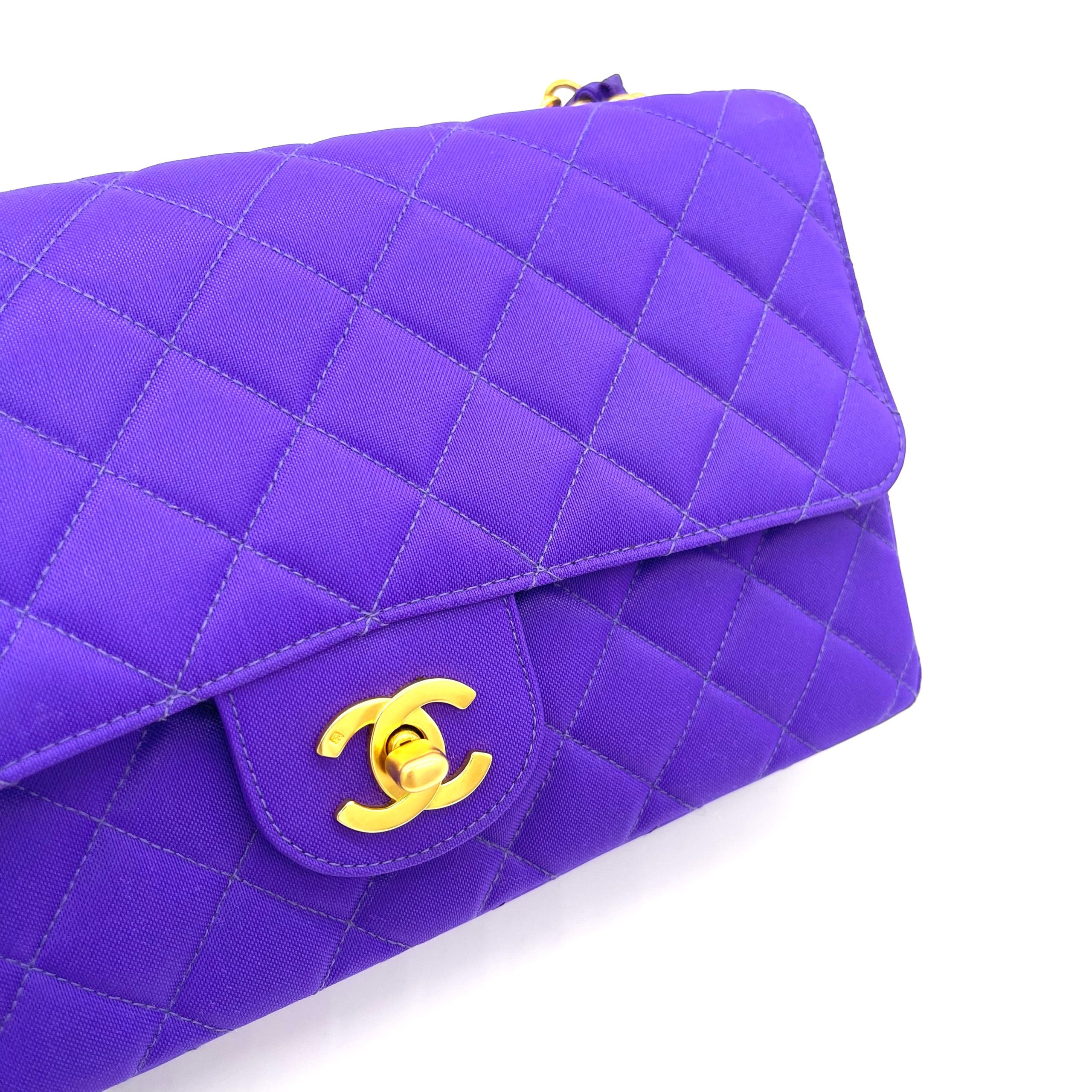 Chanel Classic Flap Bag Purple Fabric with Gold Hardware