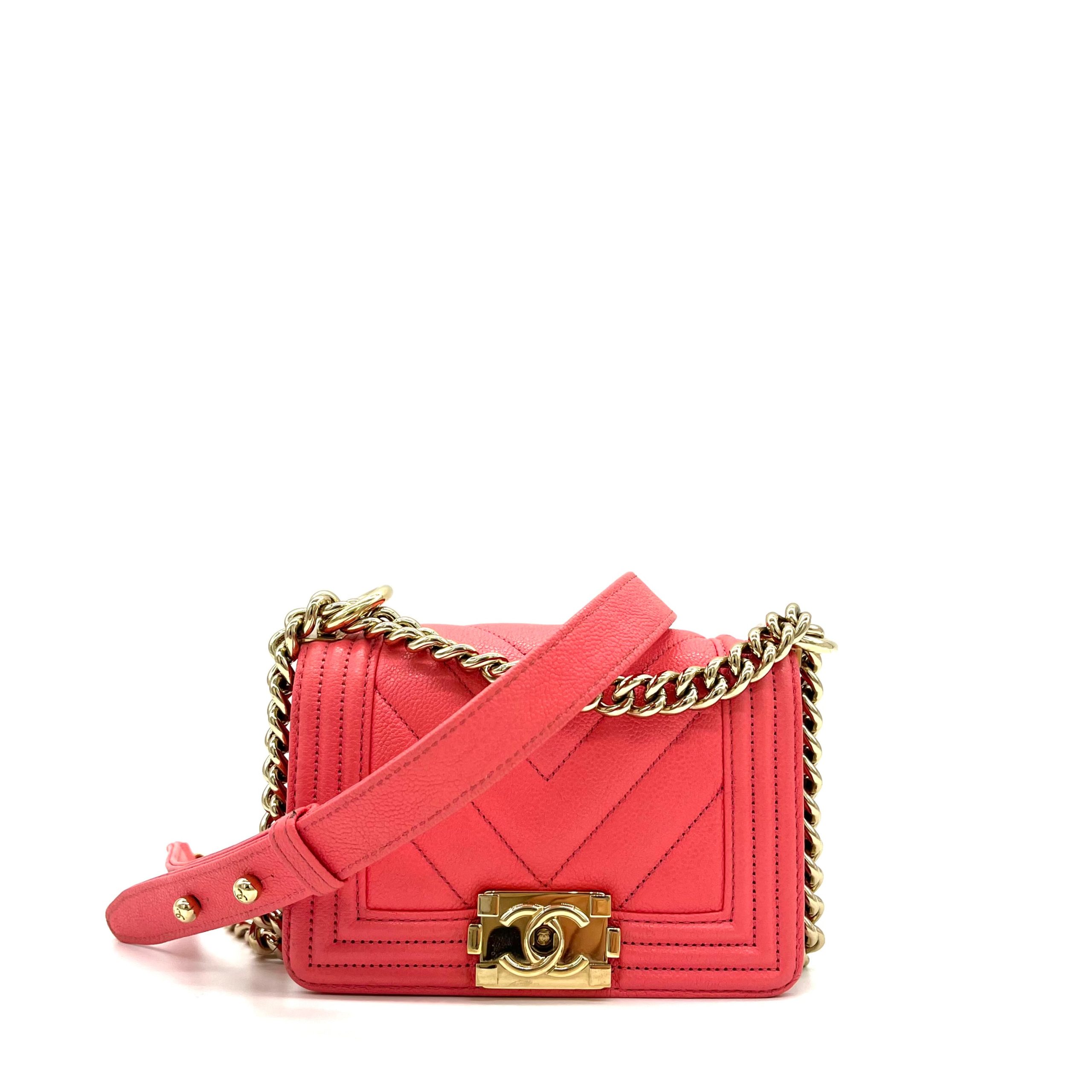 CHANEL Caviar Chevron Quilted Small Boy Flap Pink with Gold Hardware