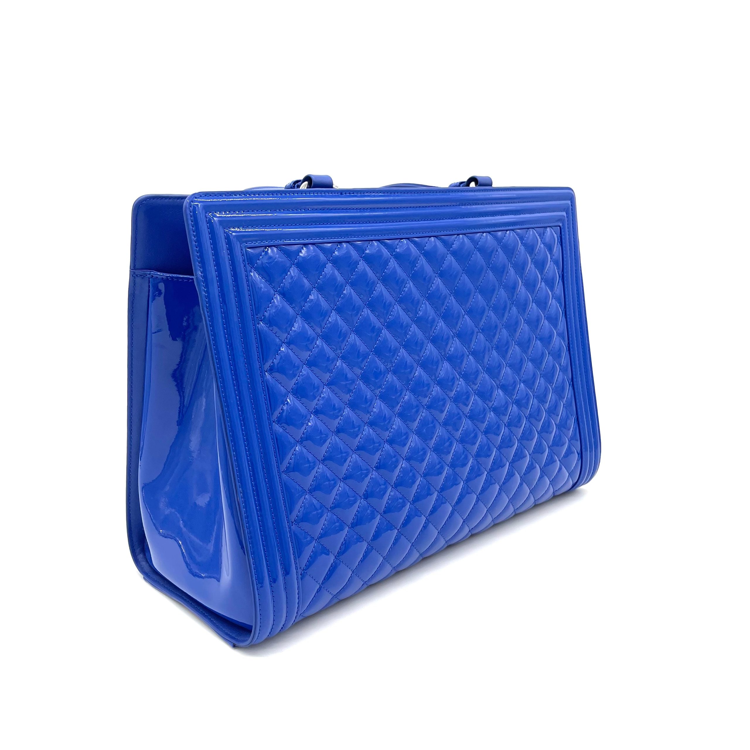 CHANEL Boy Shopping Tote Blue Patent Leather 2015