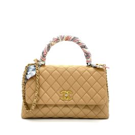 Chanel Coco Handle Small Flap Bag in Beige Caviar Leather with Gold Hardware