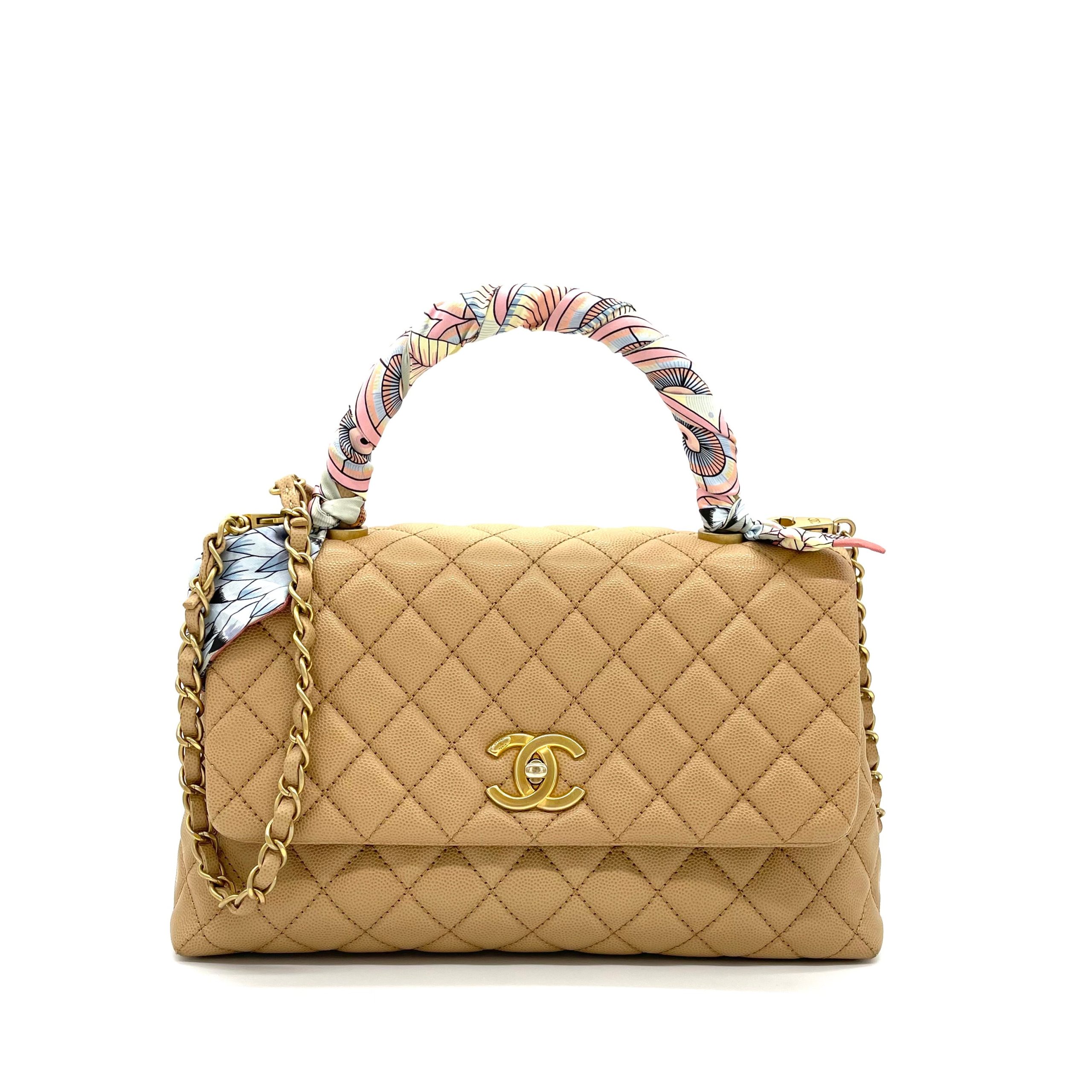 Chanel Coco Handle Small Flap Bag in Beige Caviar Leather with Gold Hardware