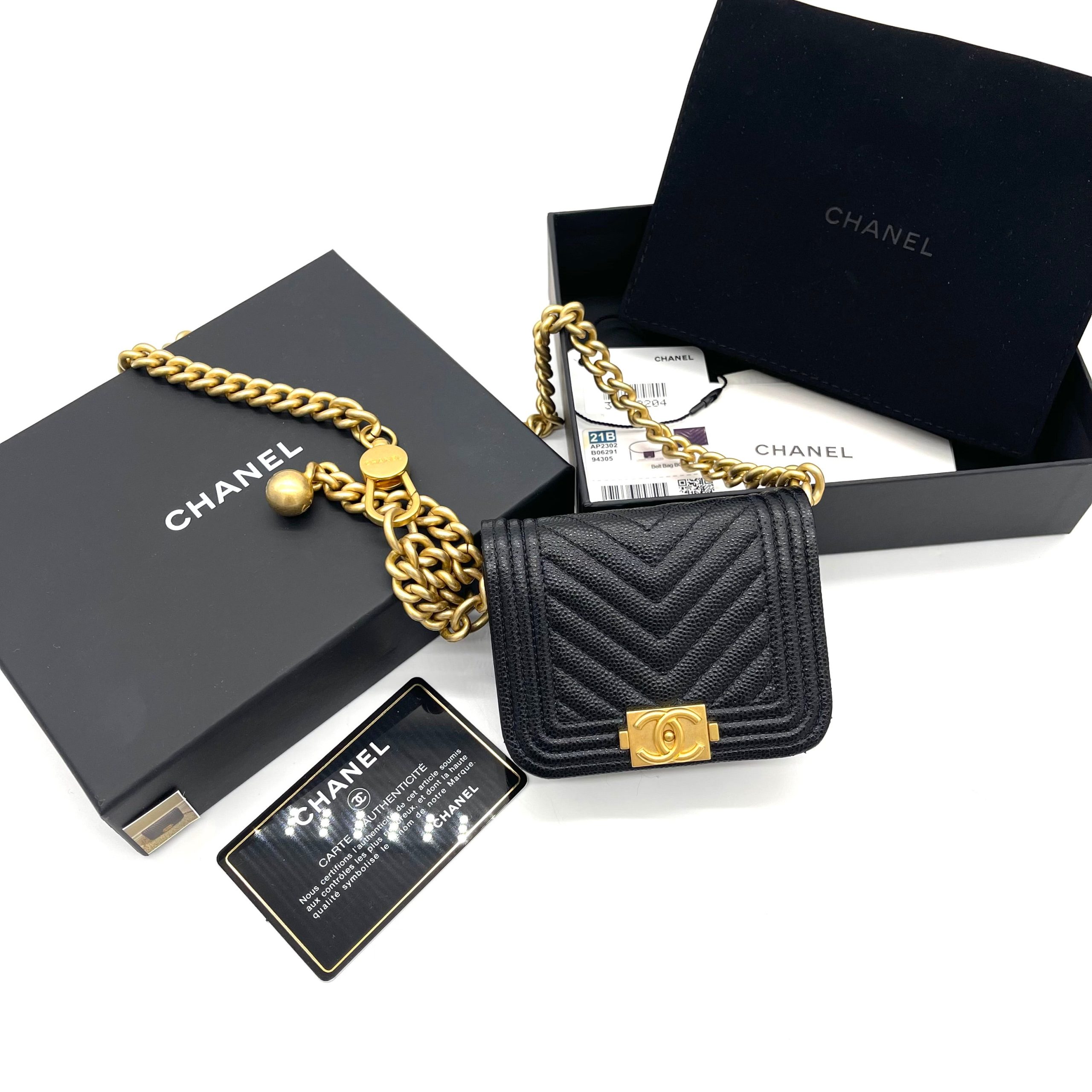 CHANEL Micro Chevron Boy Belt Bag – Black Caviar with Gold-Tone Hardware