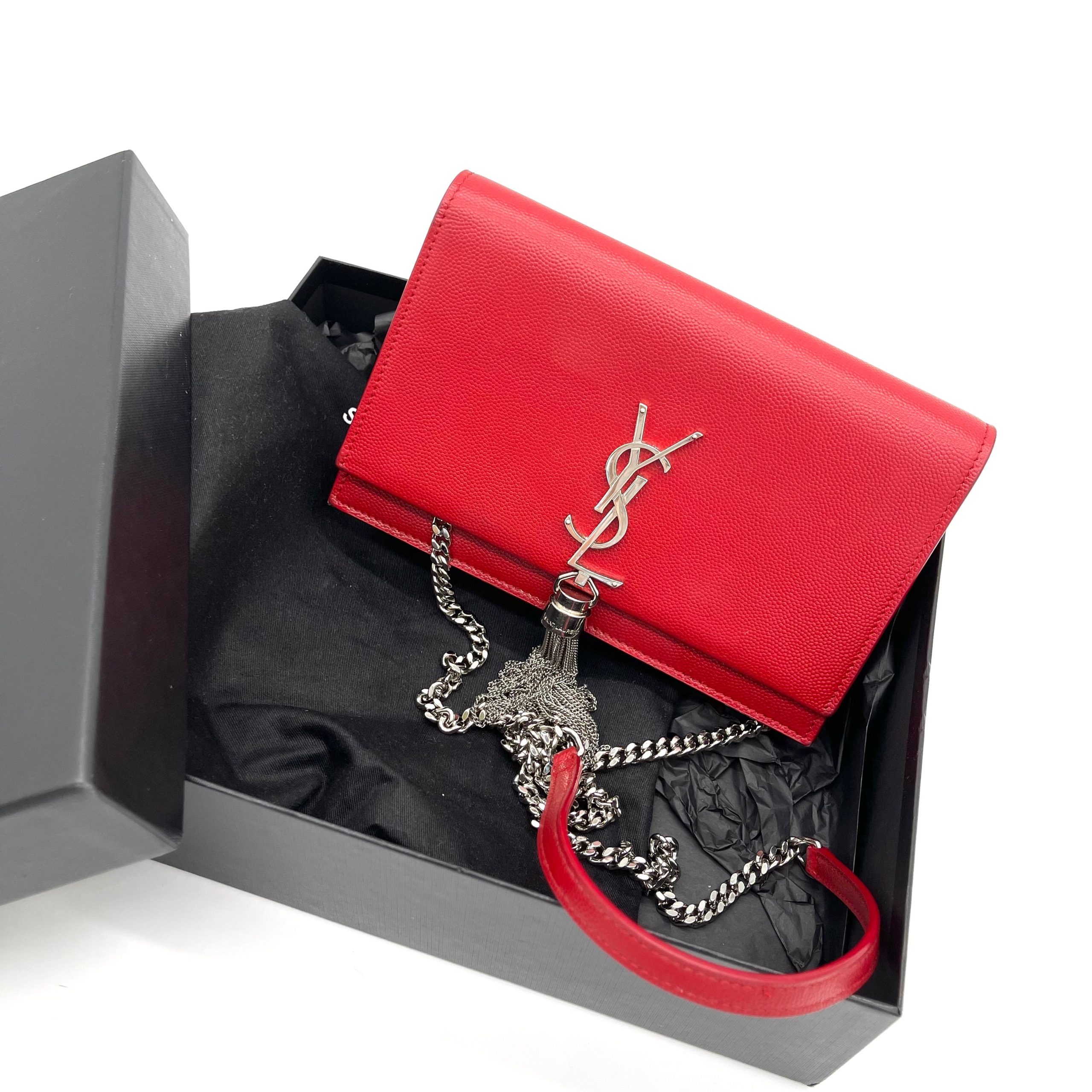 SAINT LAURENT Textured-Leather Small Classic Monogram Kate Tassel Satchel Red