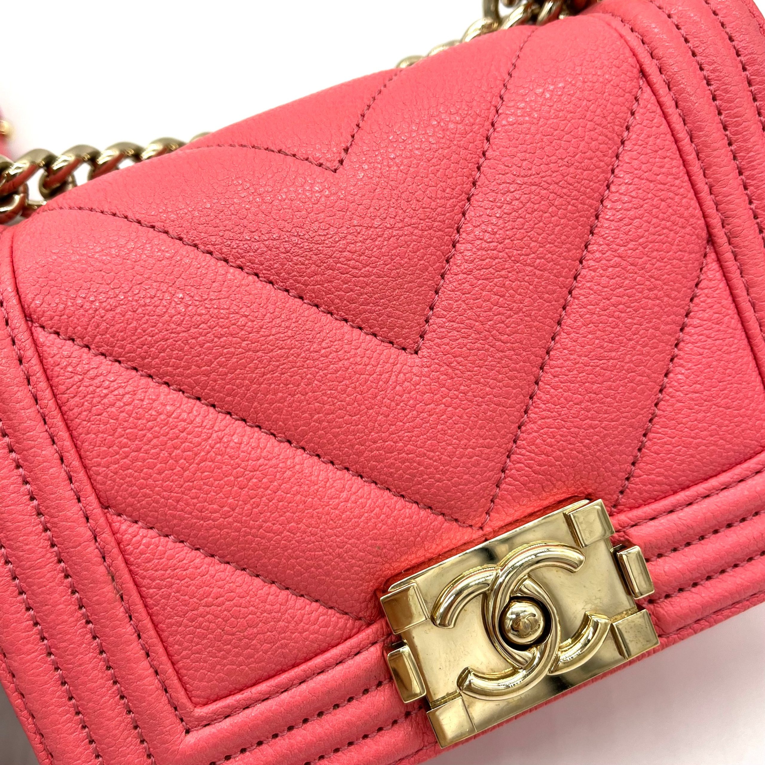 CHANEL Caviar Chevron Quilted Small Boy Flap Pink with Gold Hardware