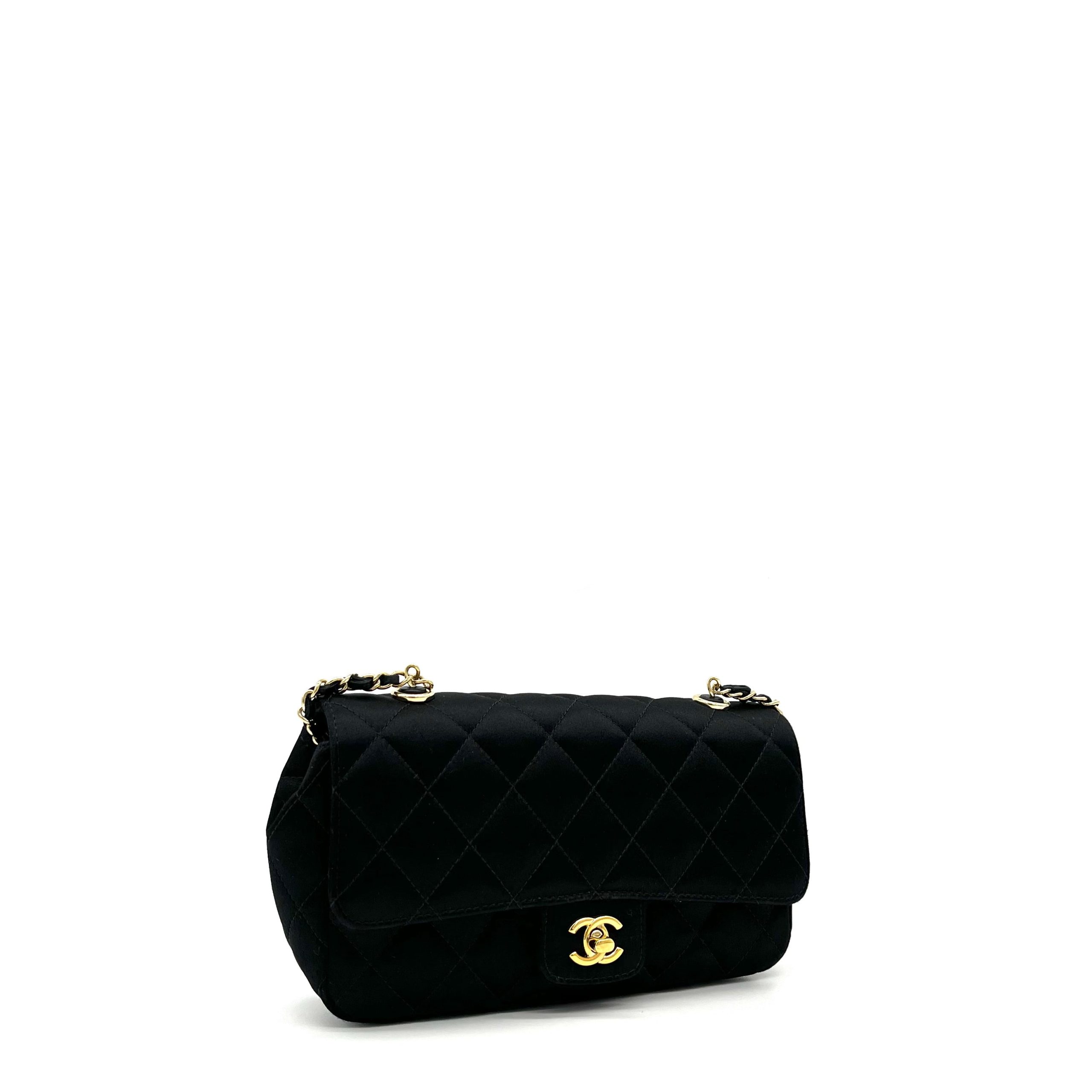 Chanel Satin Black Single Mini Flap Bag with Champagne Gold Hardware 2015-2016
