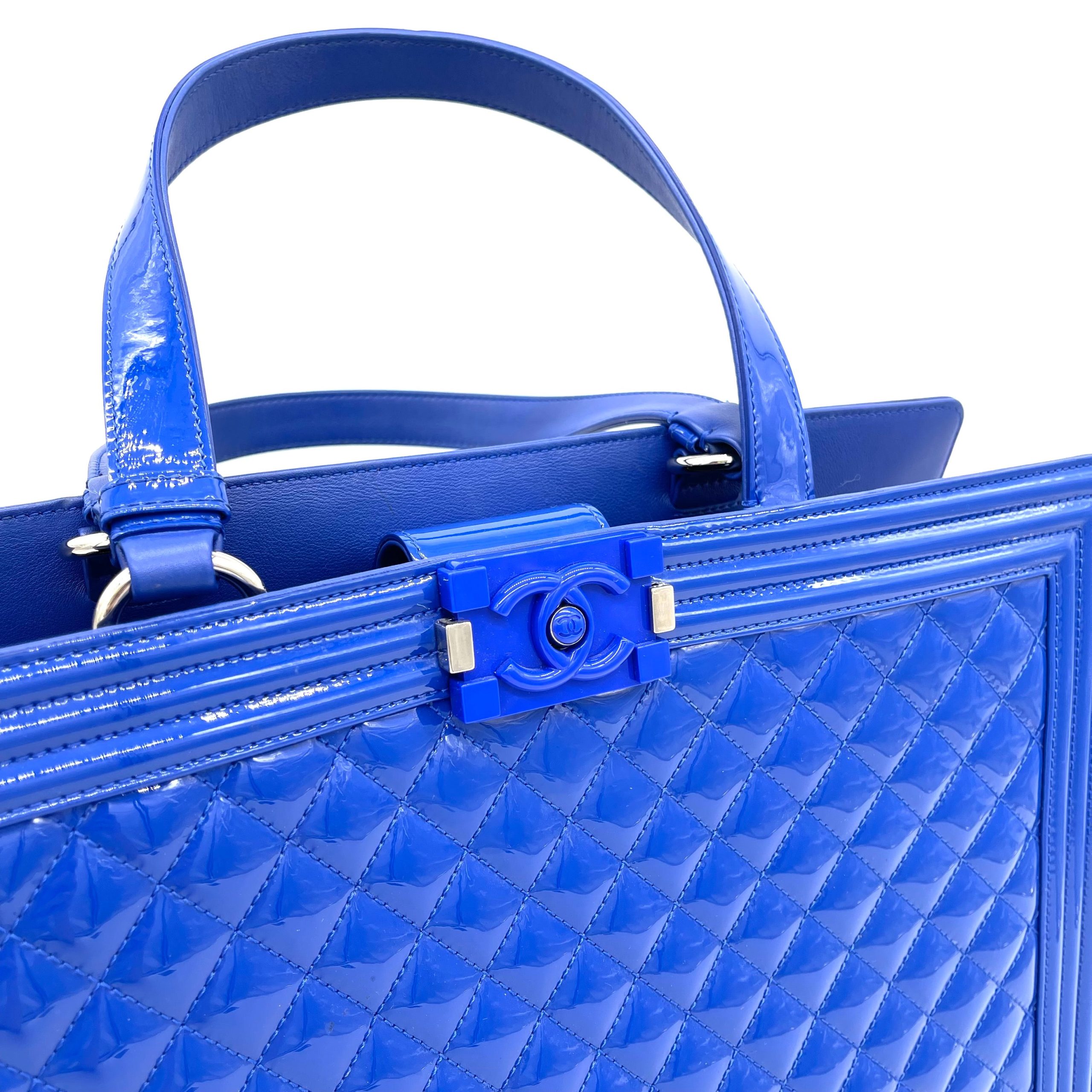 CHANEL Boy Shopping Tote Blue Patent Leather 2015