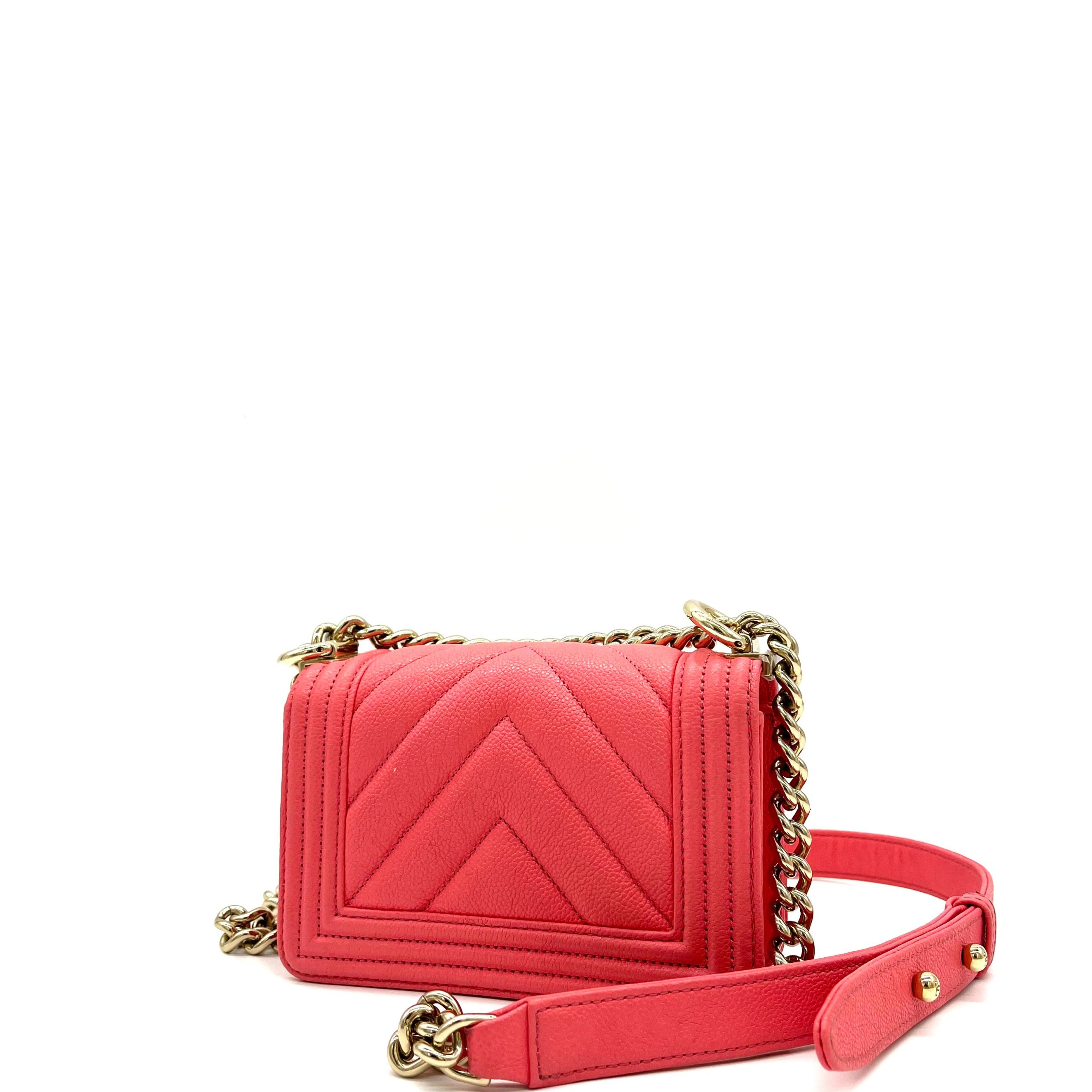 CHANEL Caviar Chevron Quilted Small Boy Flap Pink with Gold Hardware
