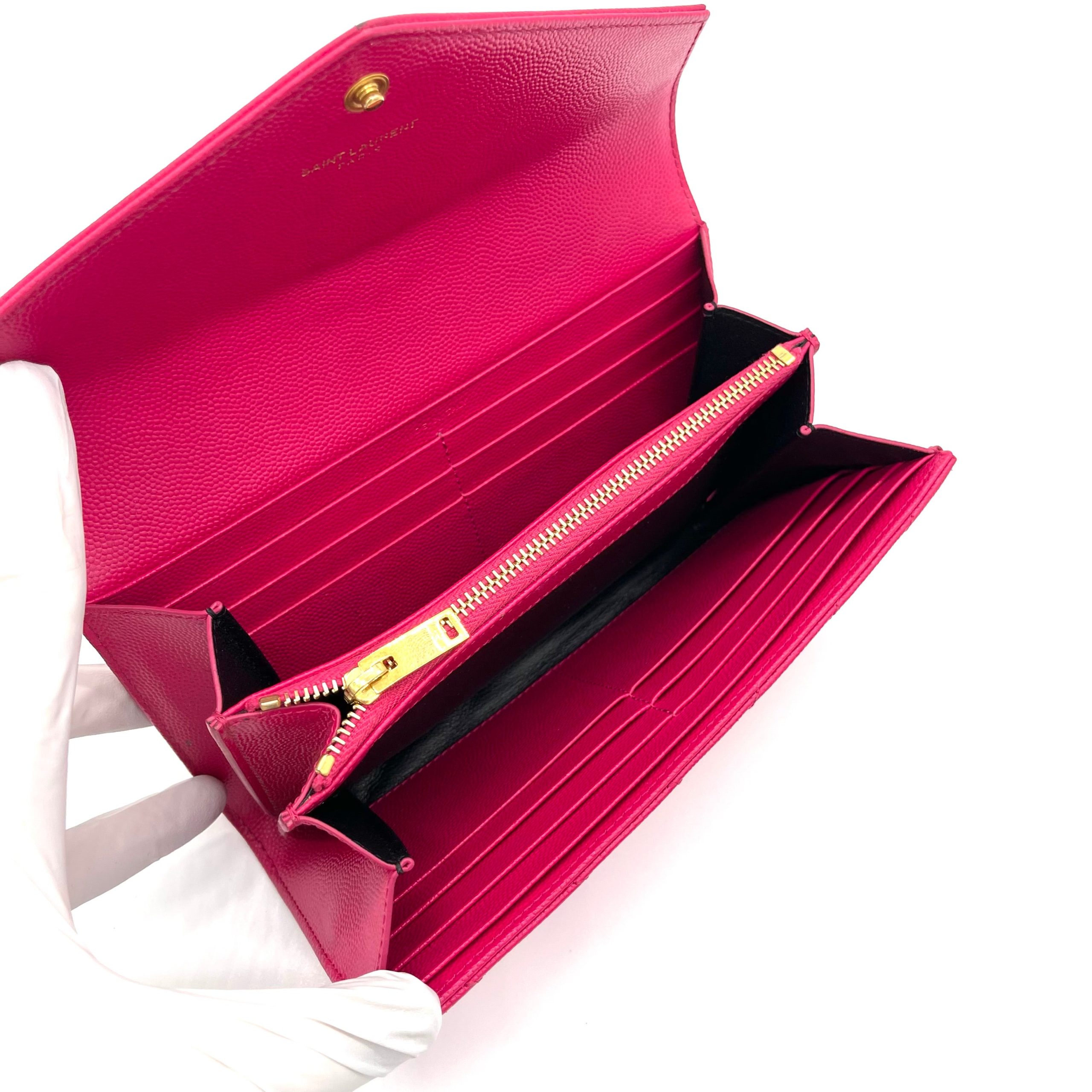 SAINT LAURENT Grain De Poudre Matelasse Chevron Monogram Flap Wallet Pink