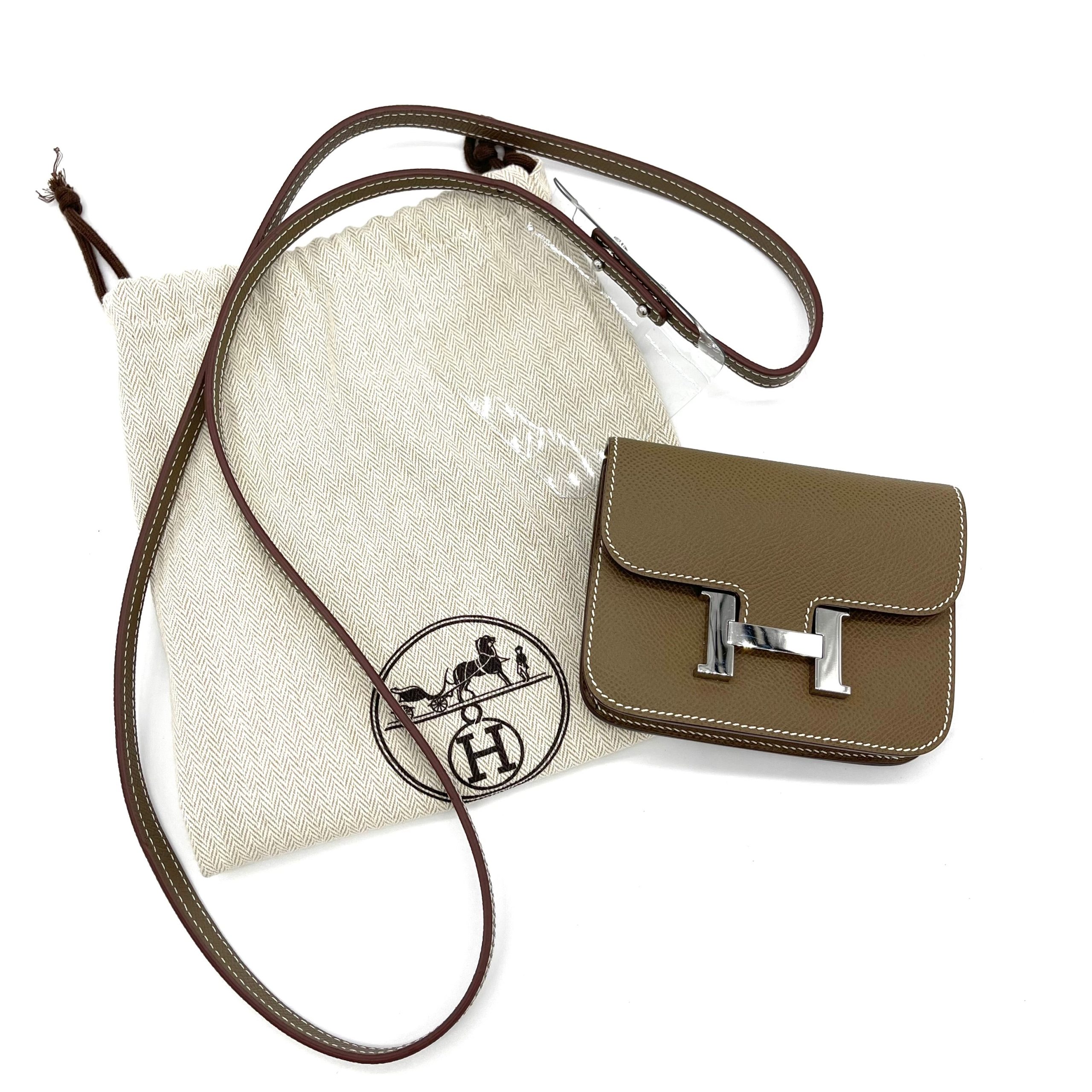 HERMES Etoupe Constance Slim Wallet Silver with Strap and Attachable to belt