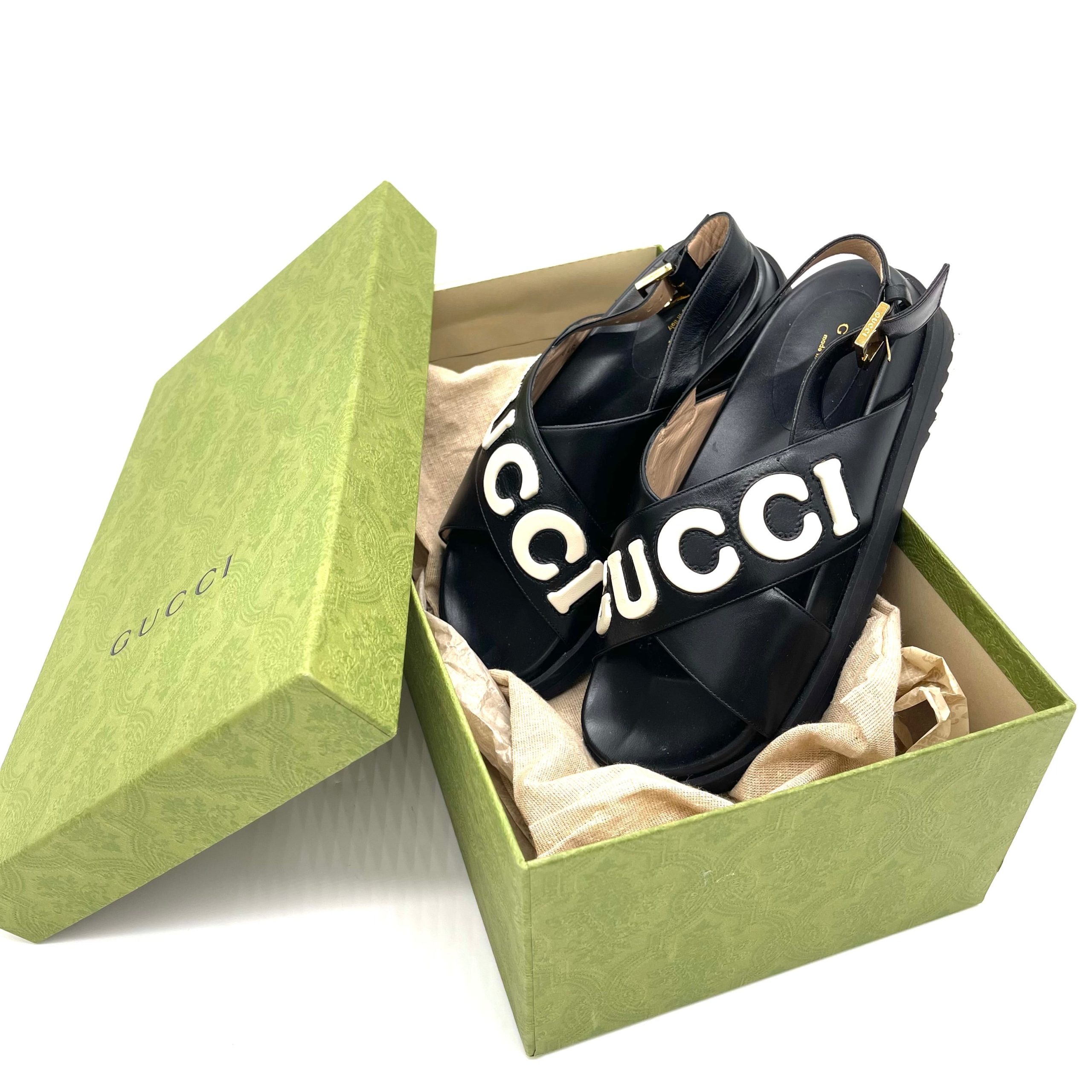 Gucci Black Leather Logo Sandals