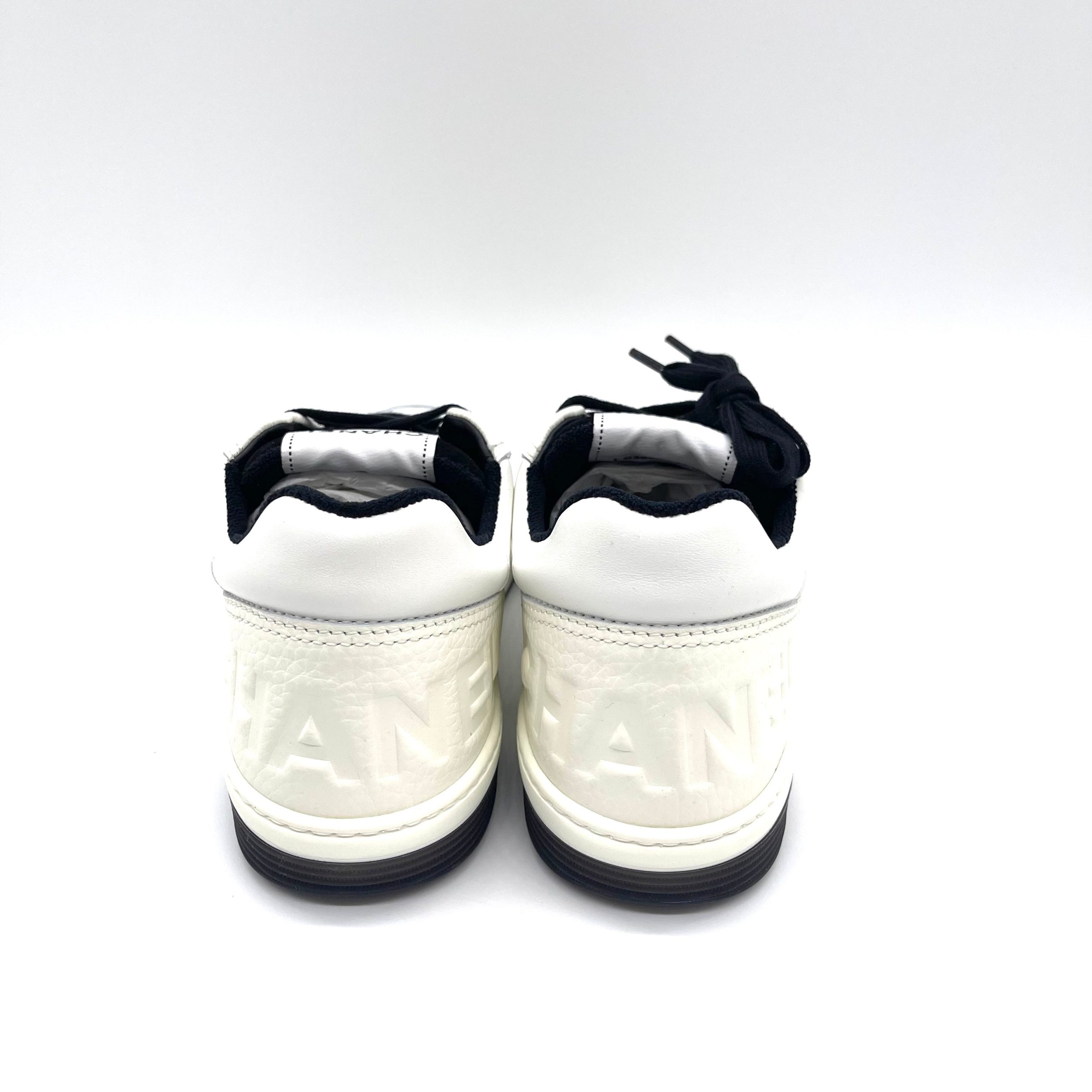 CHANEL Grained Calfskin Fabric Mens Logo Sneakers 41.5(US10.5) White Black