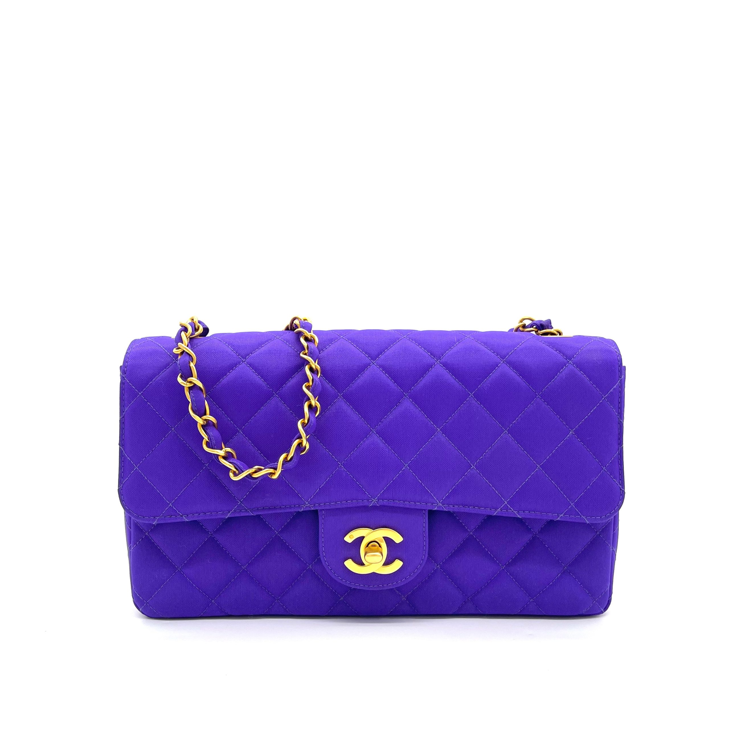Chanel Classic Flap Bag Purple Fabric with Gold Hardware