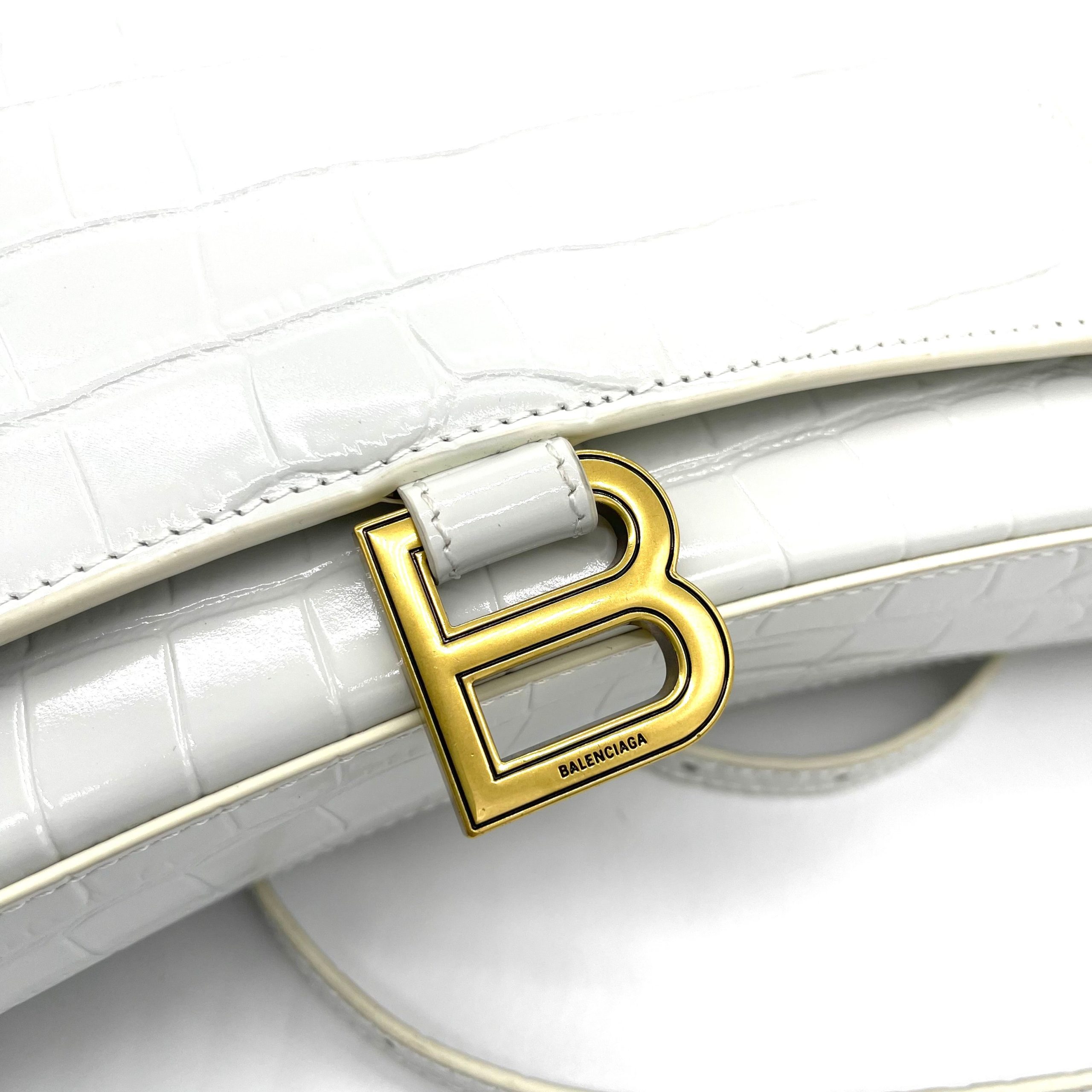 BALENCIAGA Hourglass Stretch Top Handle Bag Crocodile White