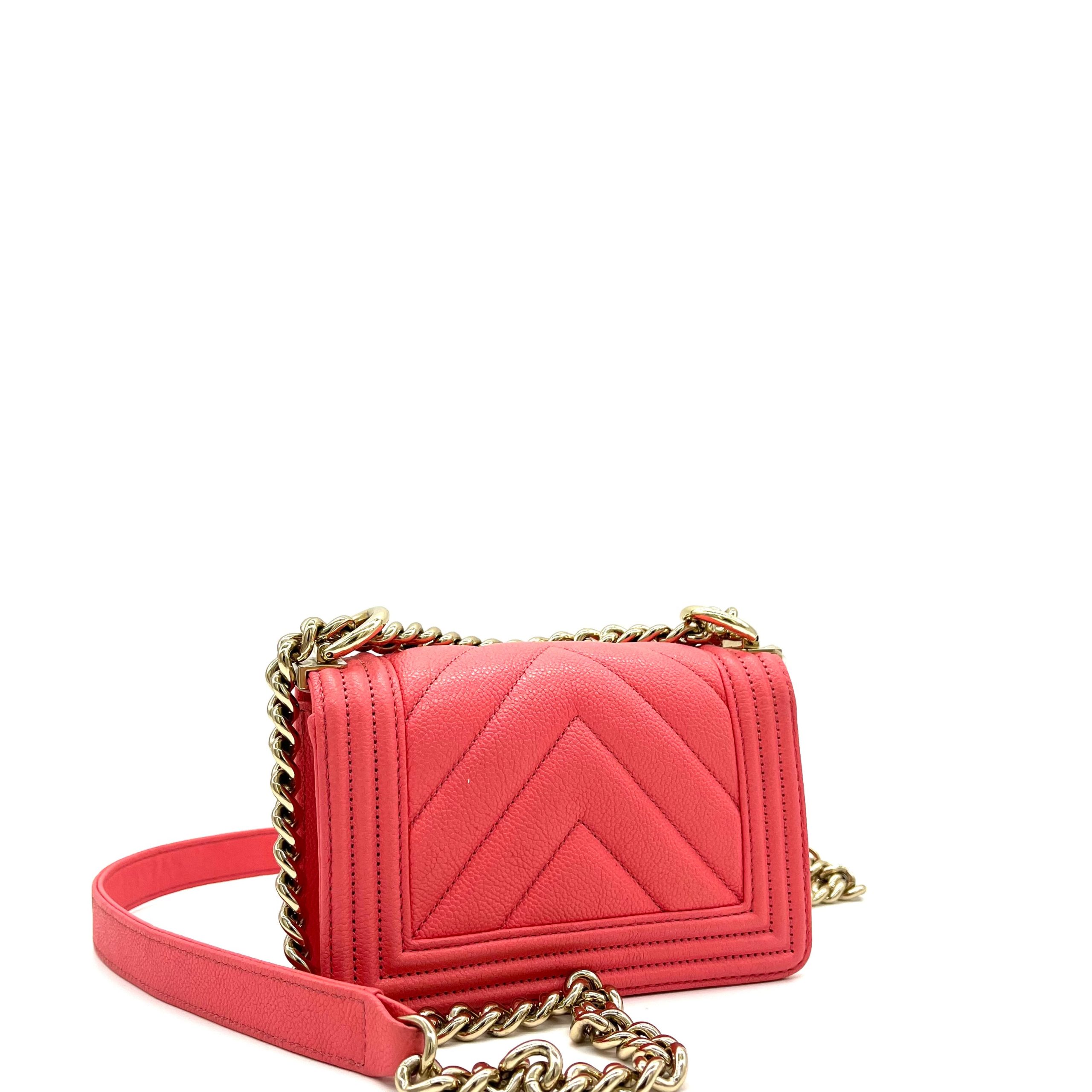 CHANEL Caviar Chevron Quilted Small Boy Flap Pink with Gold Hardware