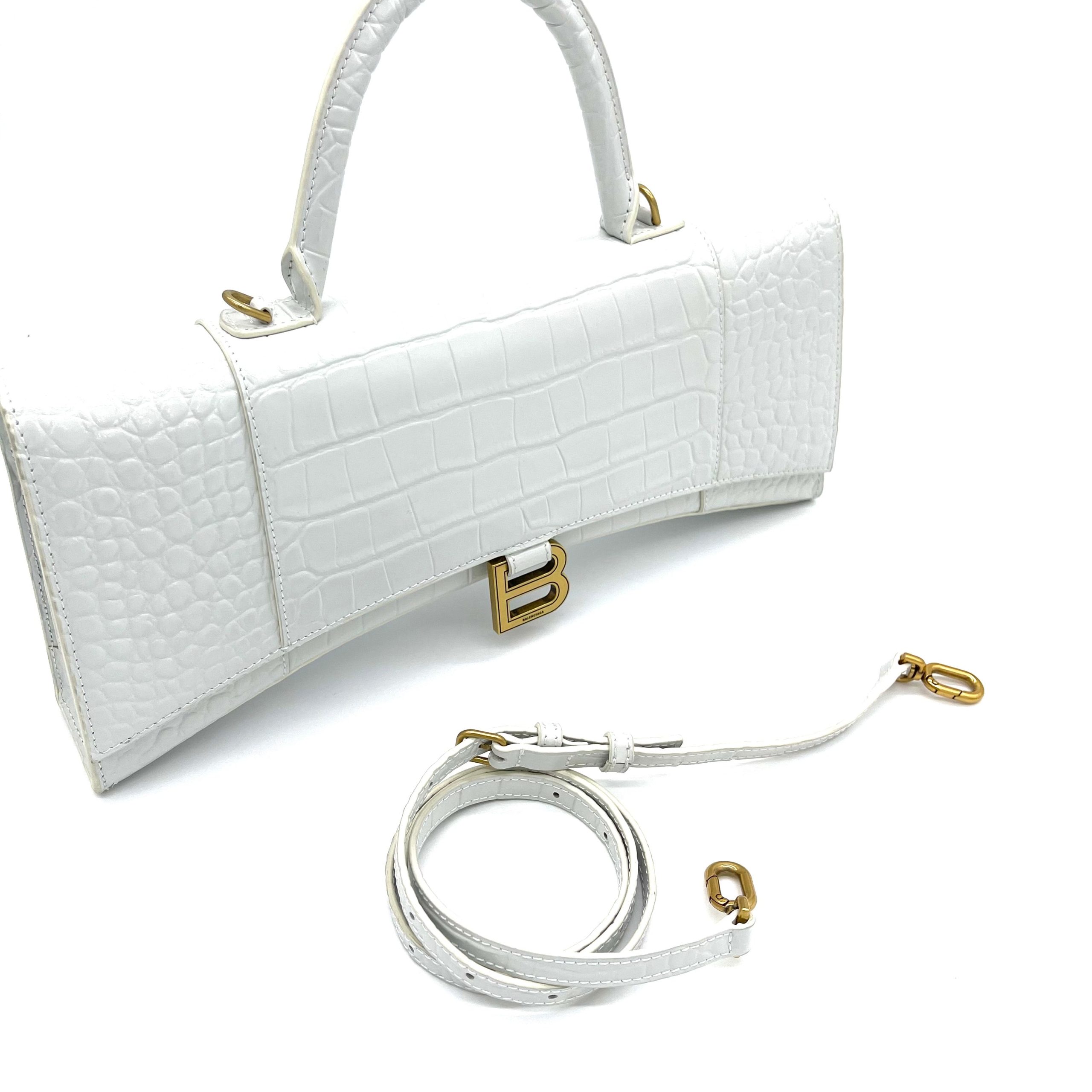 BALENCIAGA Hourglass Stretch Top Handle Bag Crocodile White