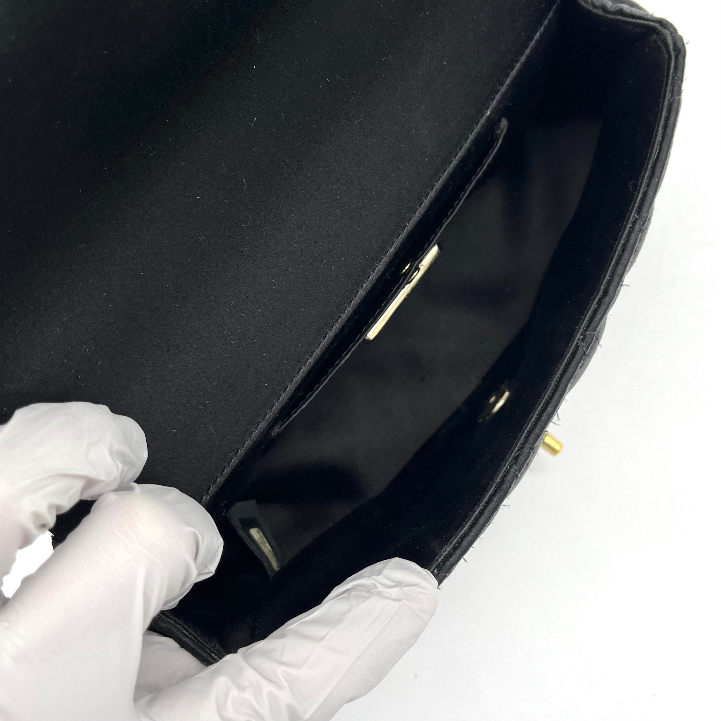 Chanel Satin Black Single Mini Flap Bag with Champagne Gold Hardware 2015-2016