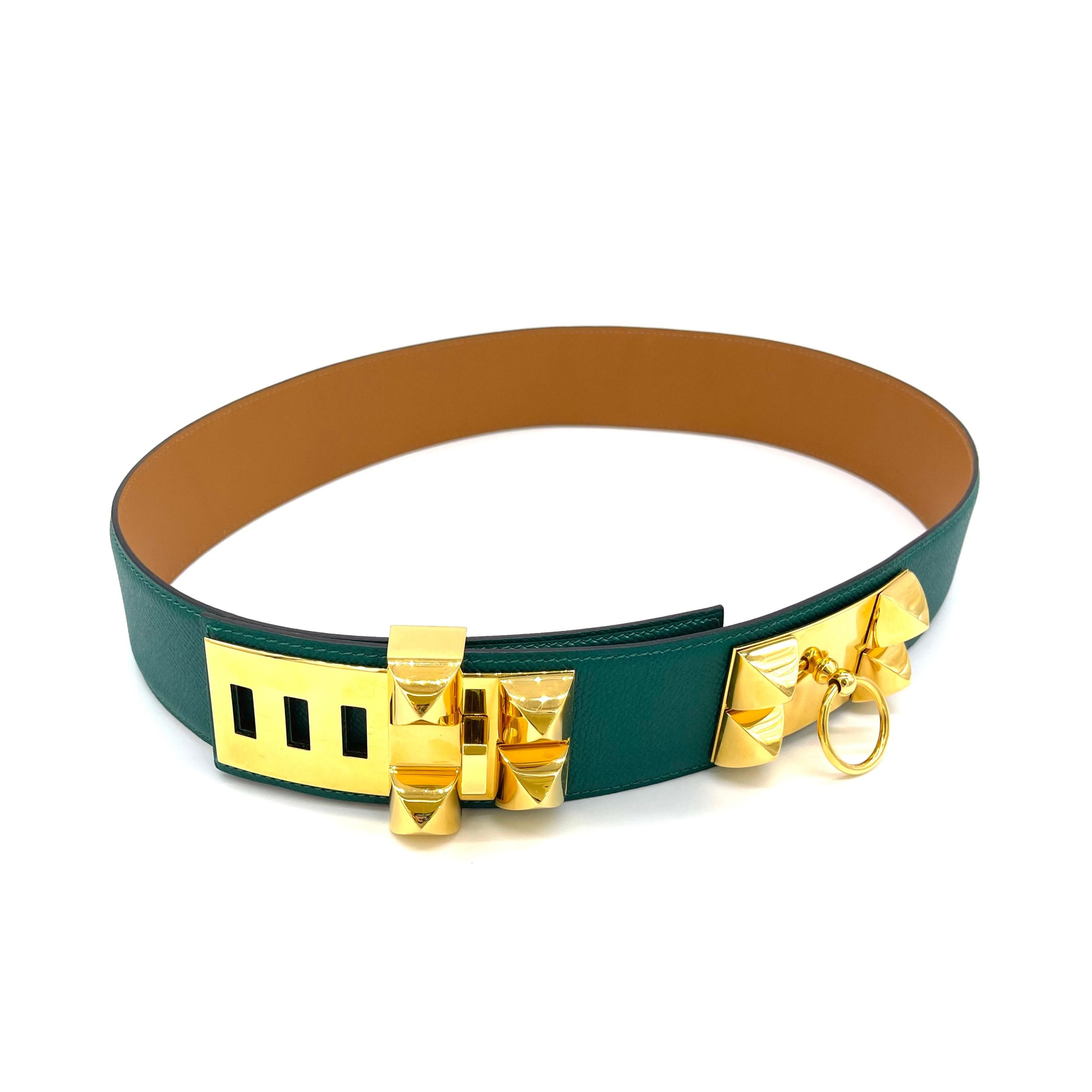 HERMES Courchevel Collier De Chien CDC Belt 85 32 Gold Green