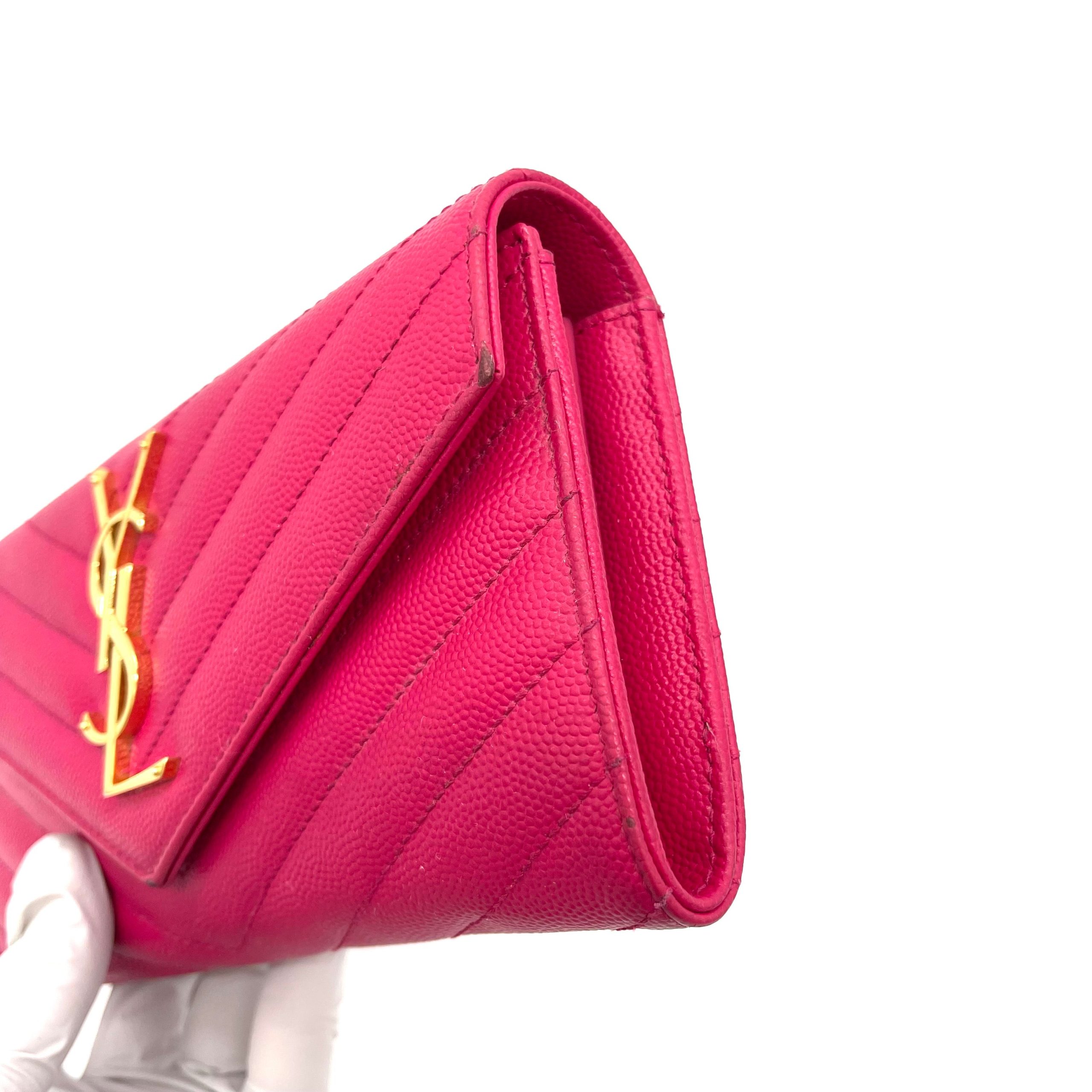 SAINT LAURENT Grain De Poudre Matelasse Chevron Monogram Flap Wallet Pink