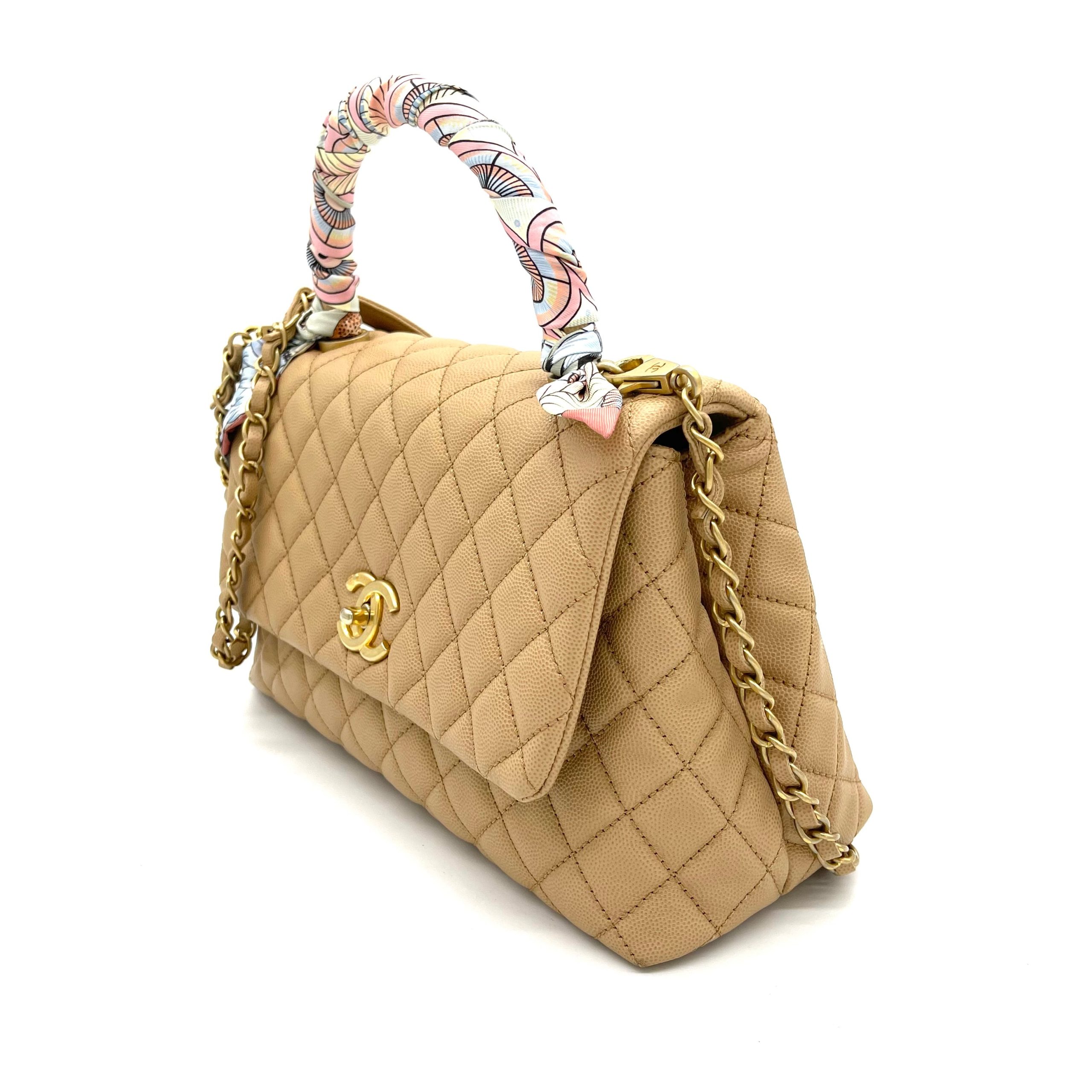 Chanel Coco Handle Small Flap Bag in Beige Caviar Leather with Gold Hardware