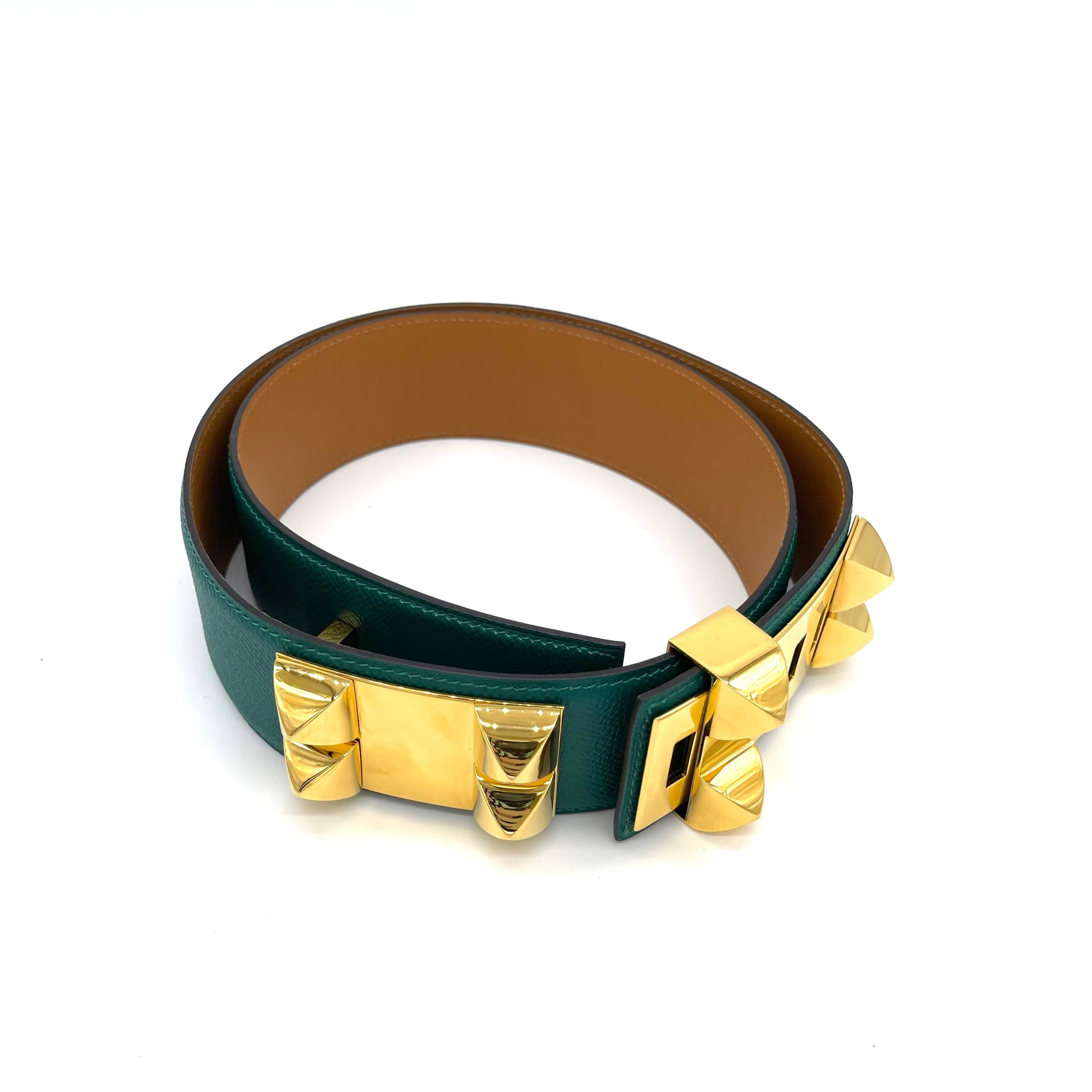 HERMES Courchevel Collier De Chien CDC Belt 85 32 Gold Green