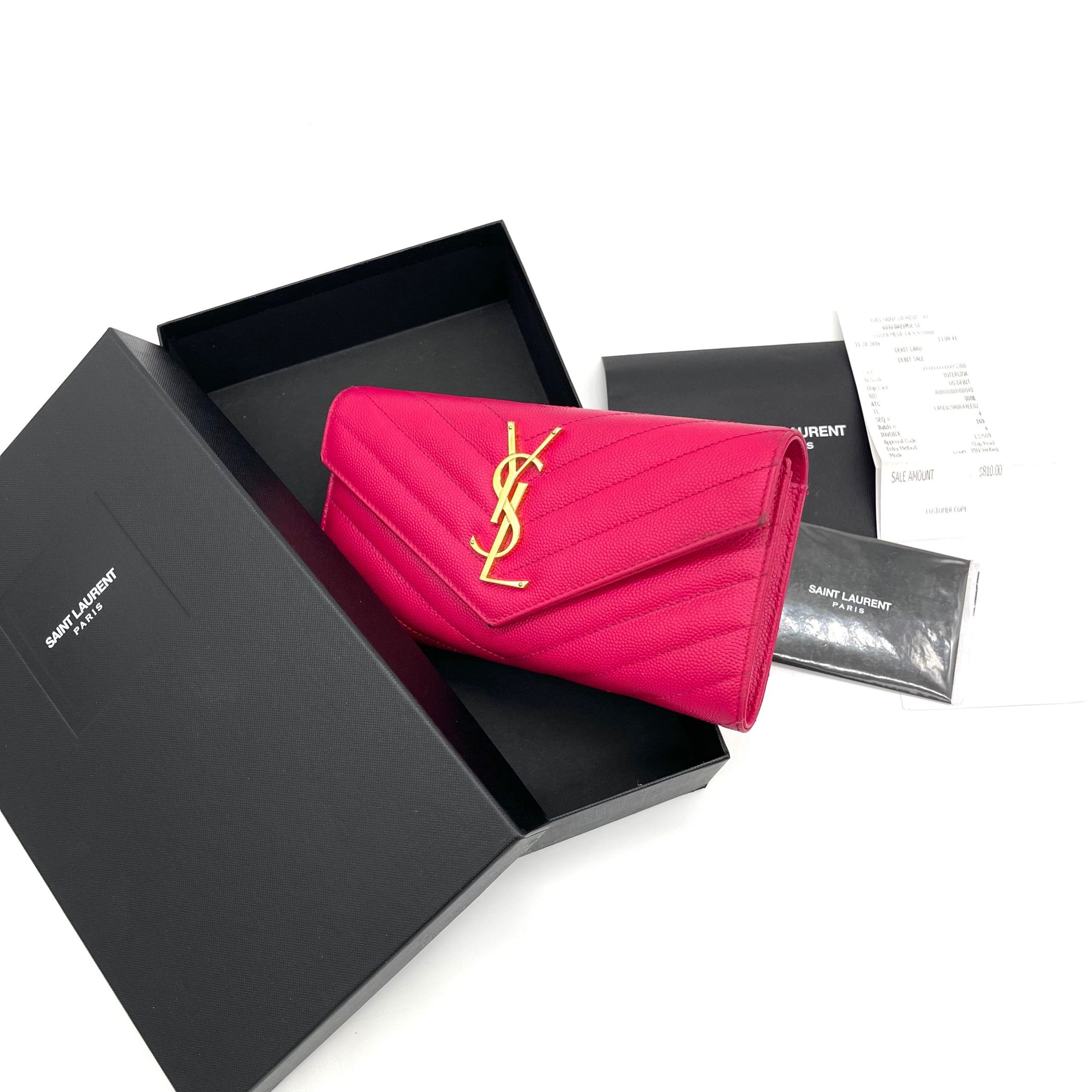 SAINT LAURENT Grain De Poudre Matelasse Chevron Monogram Flap Wallet Pink