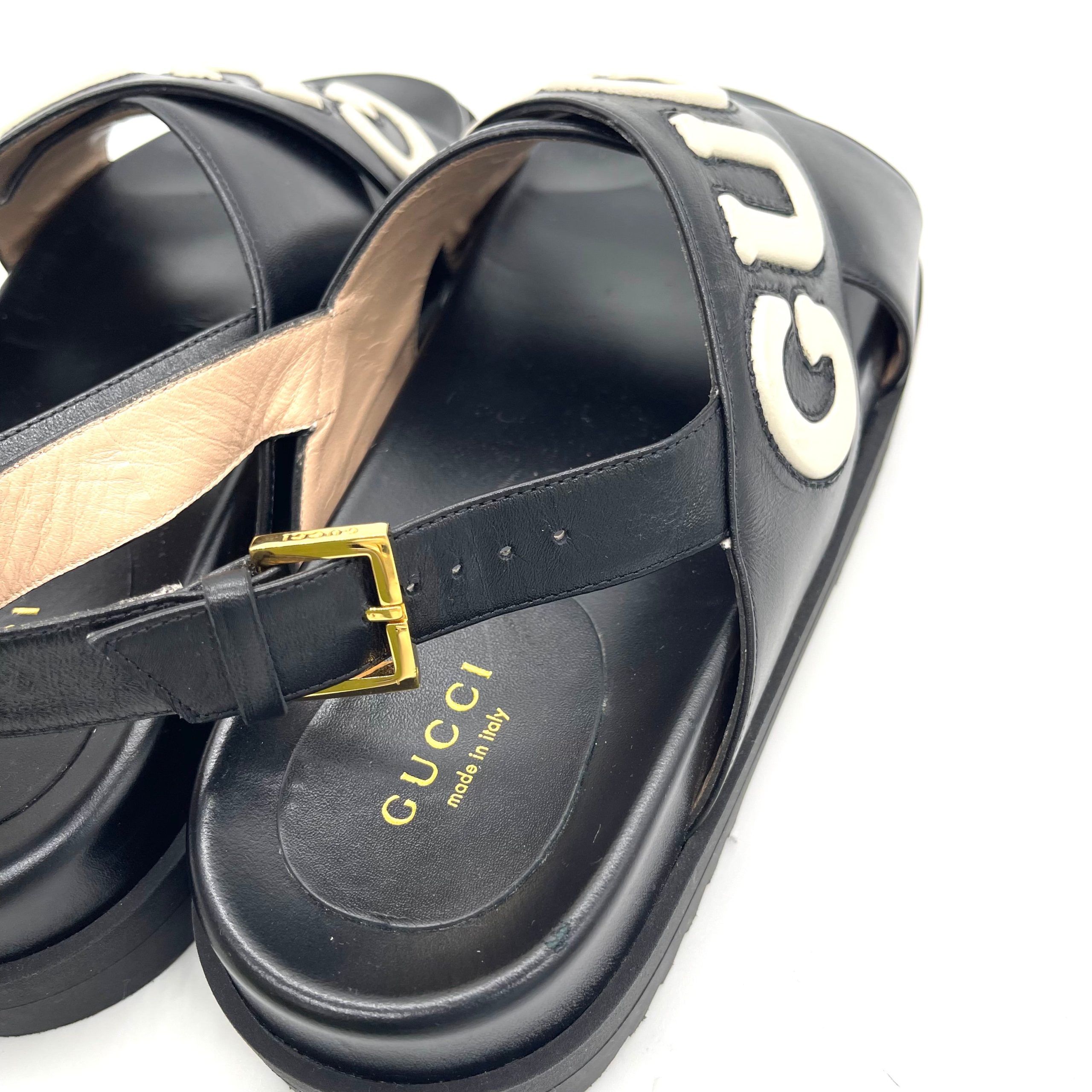 Gucci Black Leather Logo Sandals