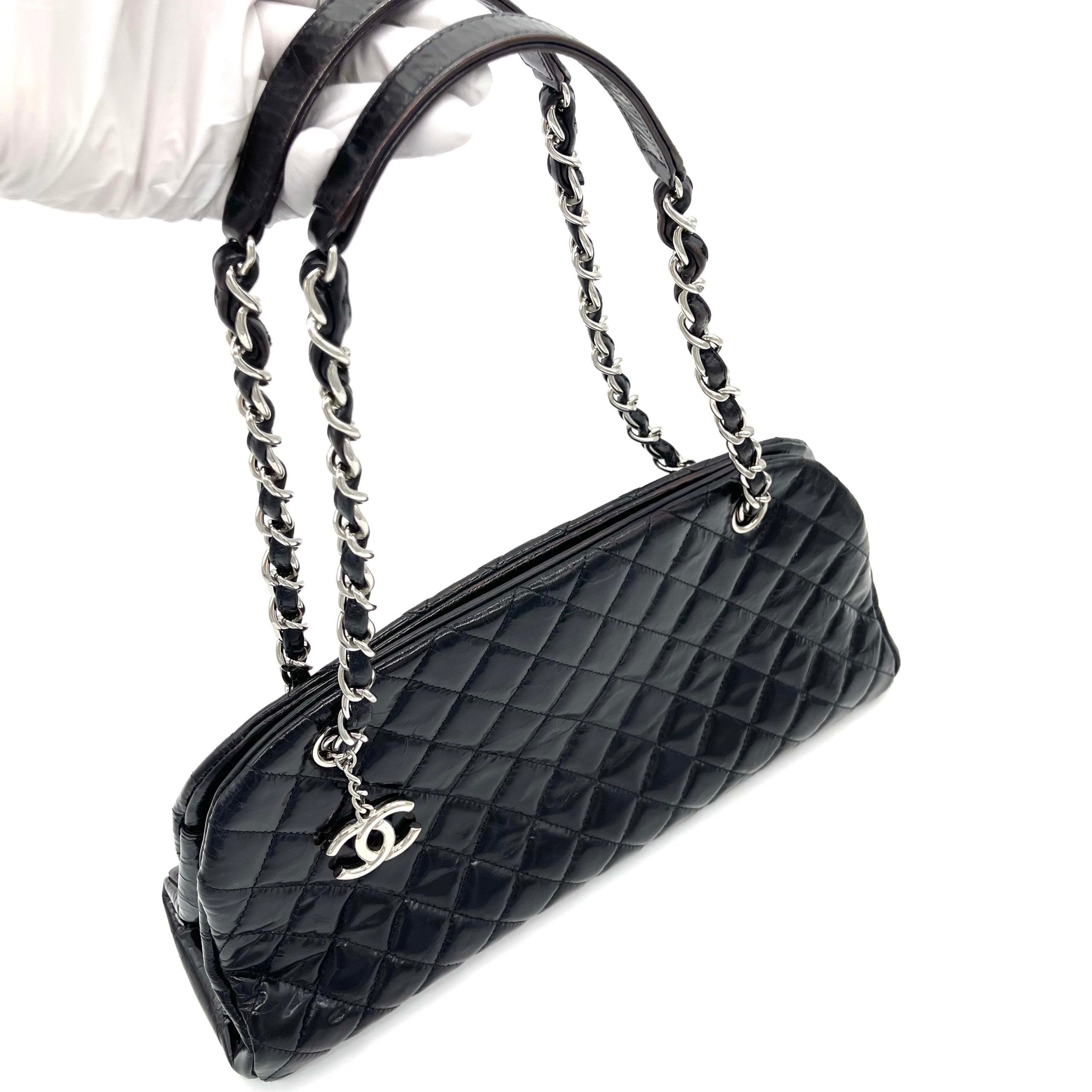 CHANEL Patent Quilted Medium Just Mademoiselle Bowling Bag – Black