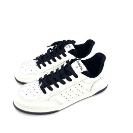CHANEL Grained Calfskin Fabric Mens Logo Sneakers 41.5(US10.5) White Black