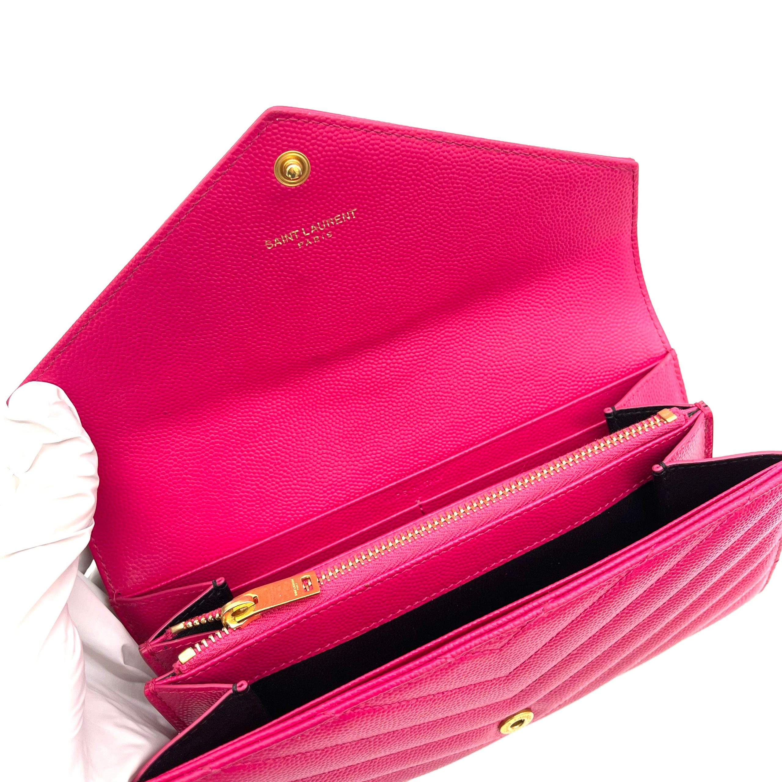 SAINT LAURENT Grain De Poudre Matelasse Chevron Monogram Flap Wallet Pink