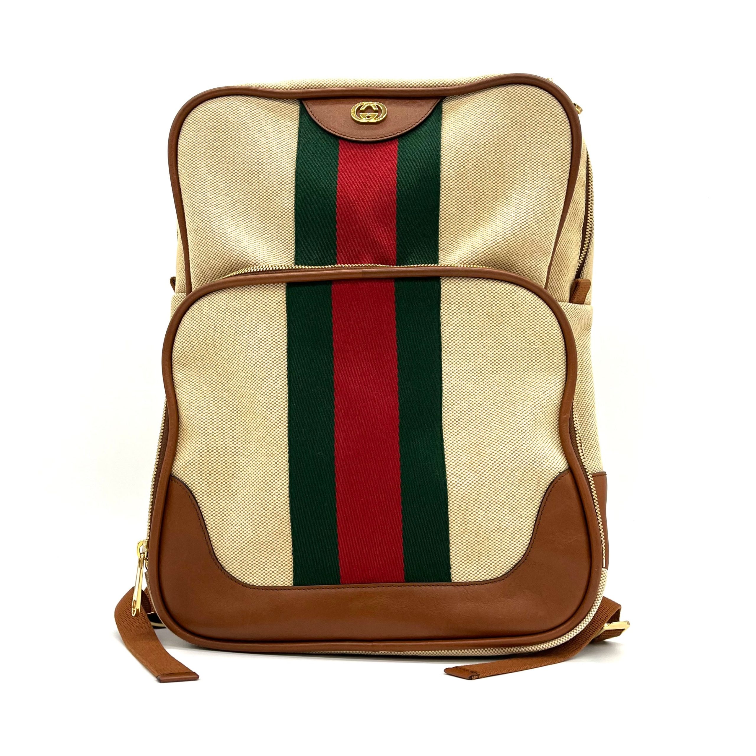 Gucci Vintage Canvas Calfskin Web Backpack Sand Light Cuir