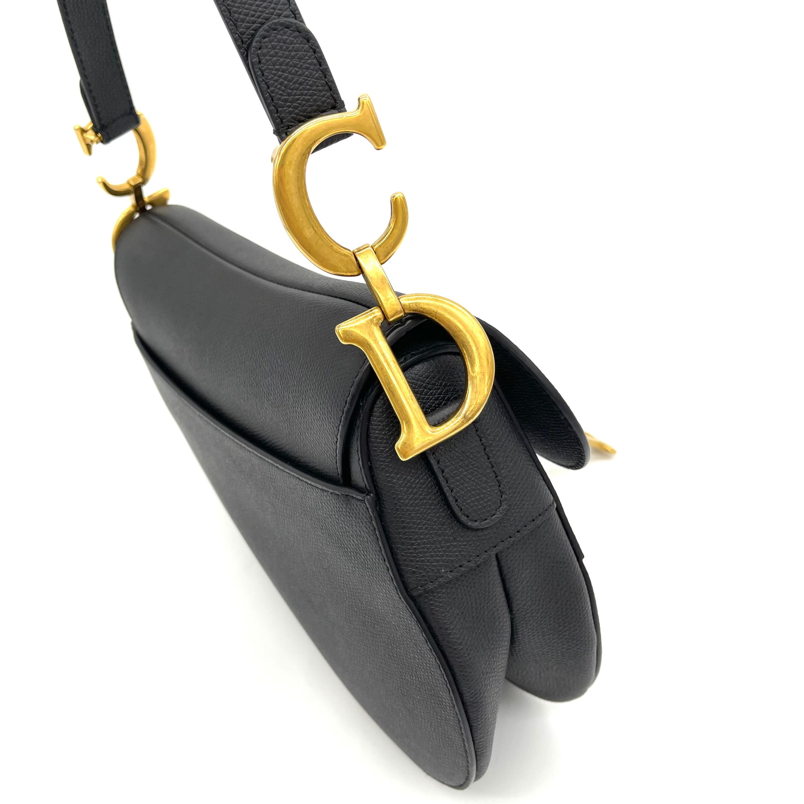 CHRISTIAN DIOR Grained Calfskin Saddle Bag Black
