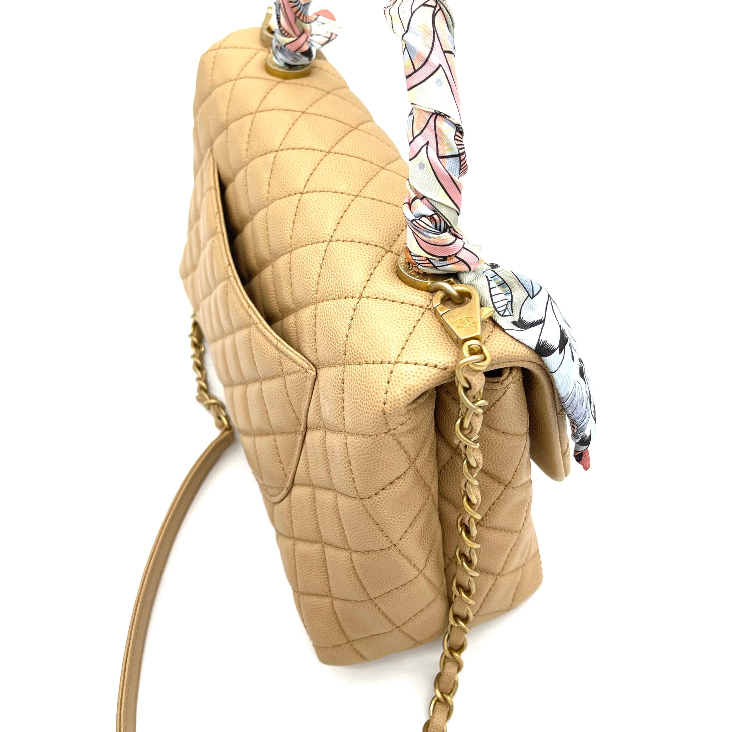 Chanel Coco Handle Small Flap Bag in Beige Caviar Leather with Gold Hardware