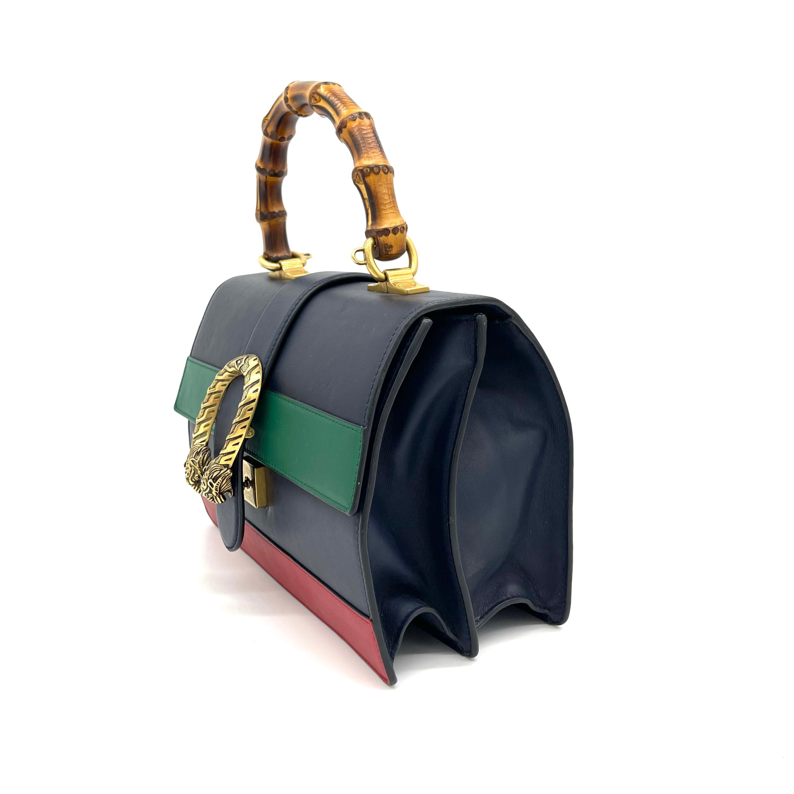 GUCCI Calfskin Bamboo Web Large Dionysus Top Handle Bag Black Bright Evergreen Hibiscus Red