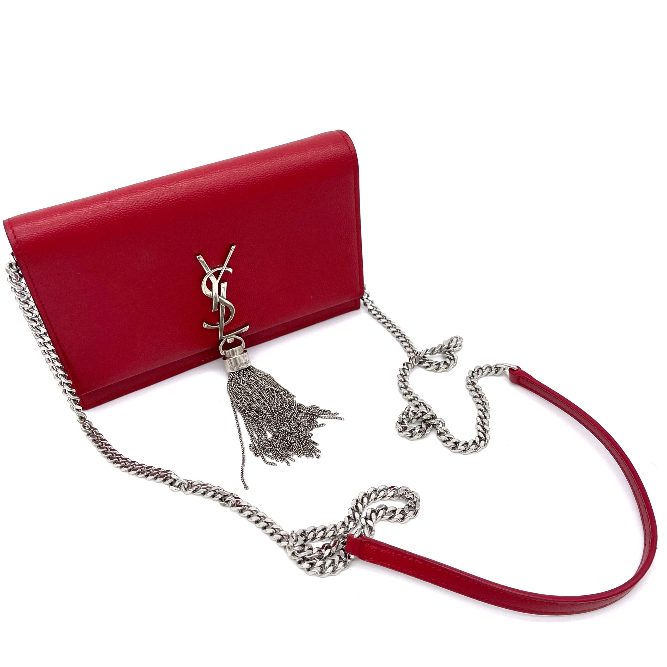 SAINT LAURENT Textured-Leather Small Classic Monogram Kate Tassel Satchel Red