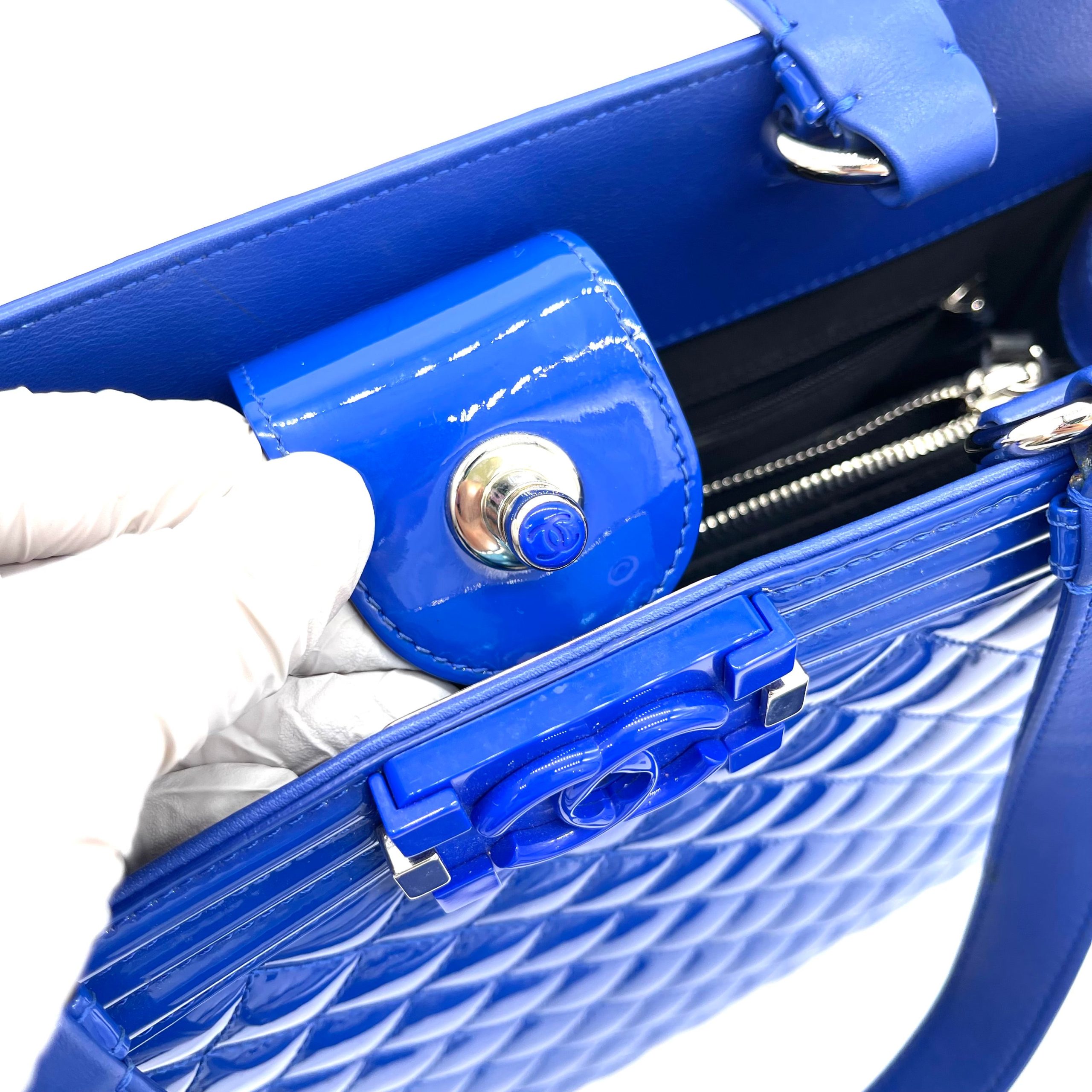 CHANEL Boy Shopping Tote Blue Patent Leather 2015