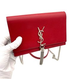 SAINT LAURENT Textured-Leather Small Classic Monogram Kate Tassel Satchel Red