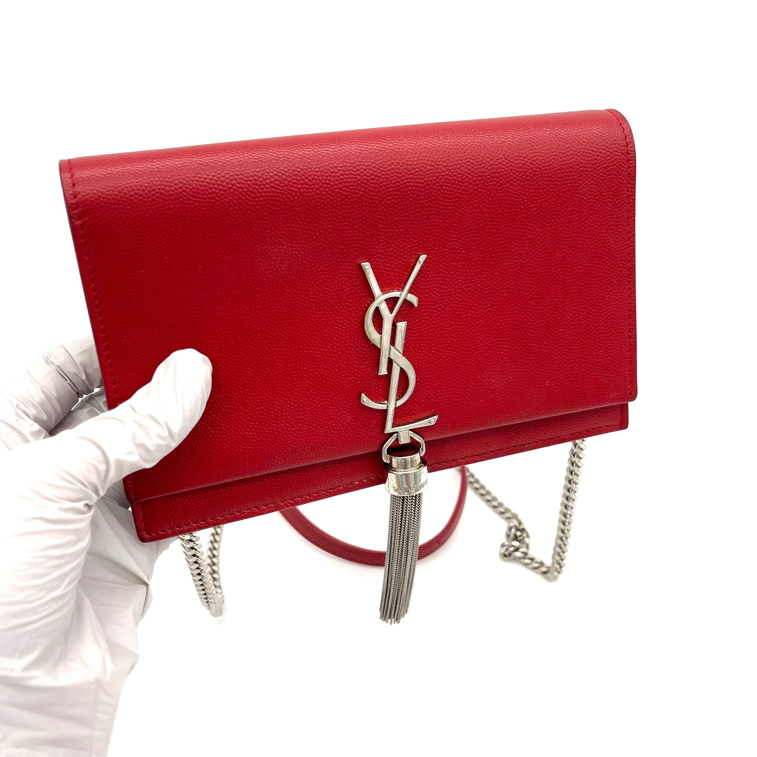 SAINT LAURENT Textured-Leather Small Classic Monogram Kate Tassel Satchel Red