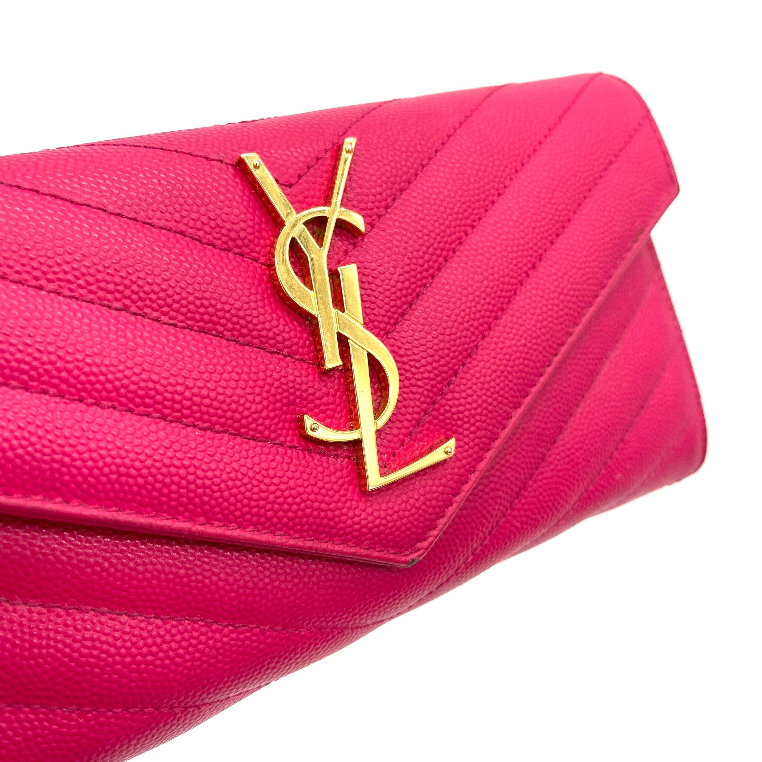 SAINT LAURENT Grain De Poudre Matelasse Chevron Monogram Flap Wallet Pink