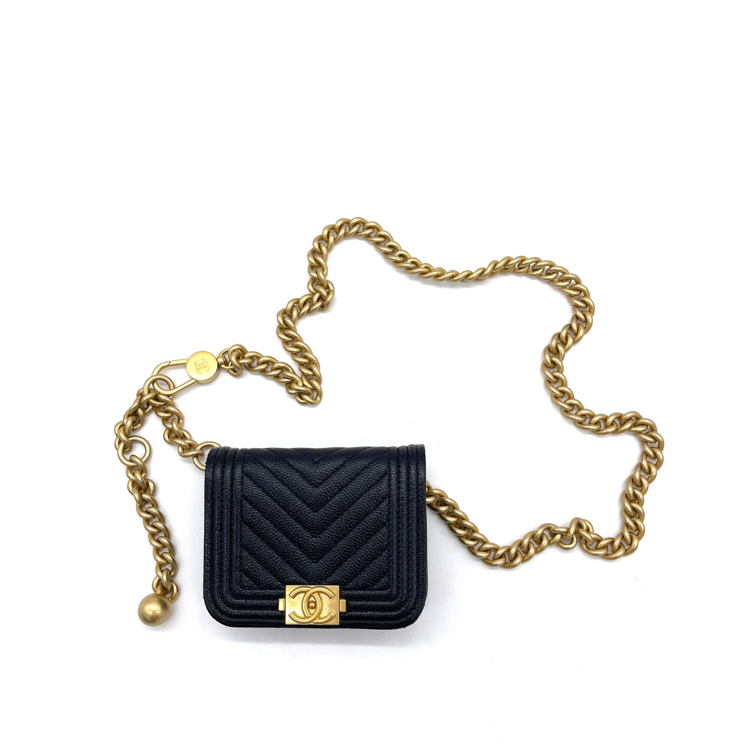 CHANEL Micro Chevron Boy Belt Bag – Black Caviar with Gold-Tone Hardware