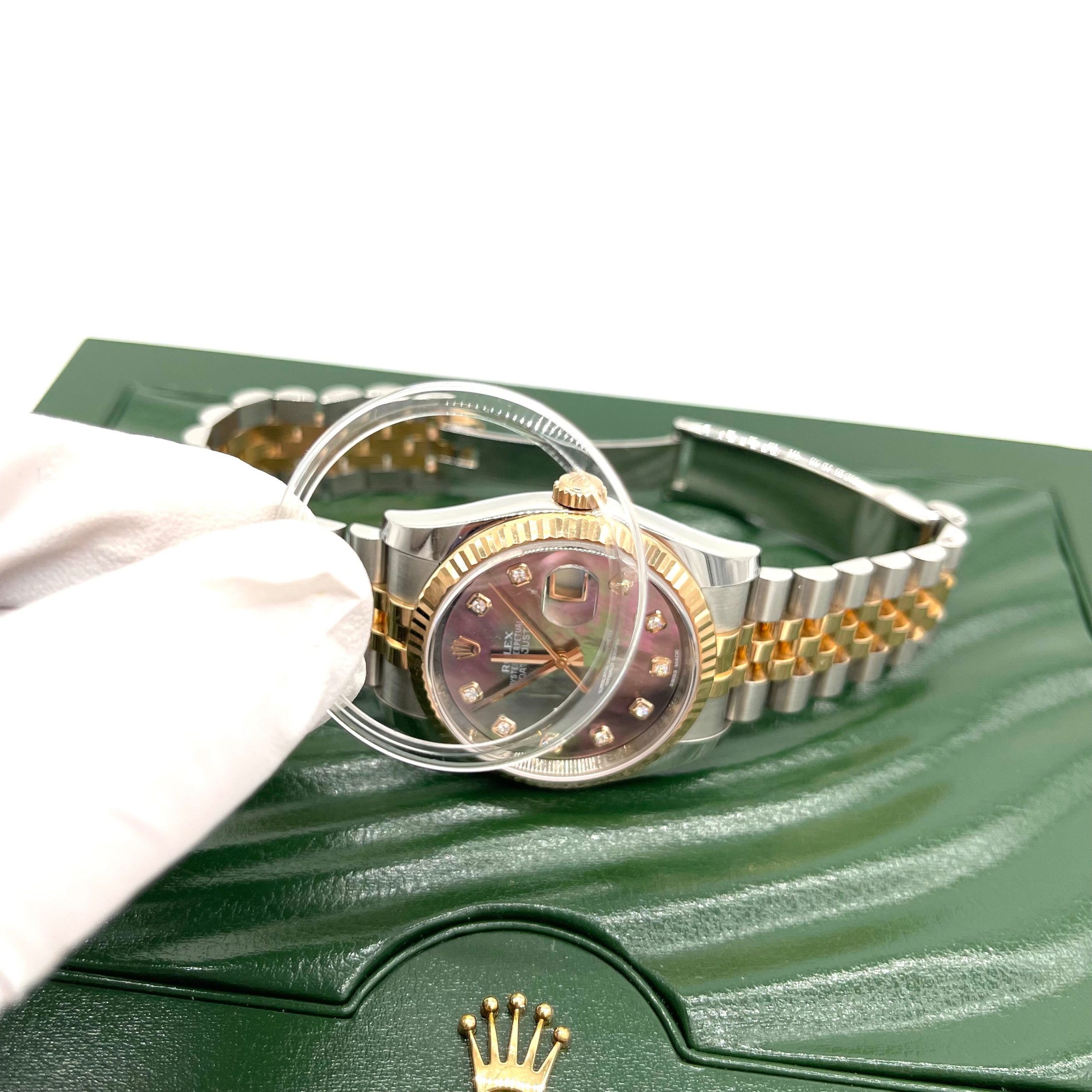 ROLEX Oyster Perpetual Datejust 36 Black Mother of Pearl Dial Stainless Steel and 18K Gold Jubilee Bracelet Automatic Watch Item No. 116231BKMDJ