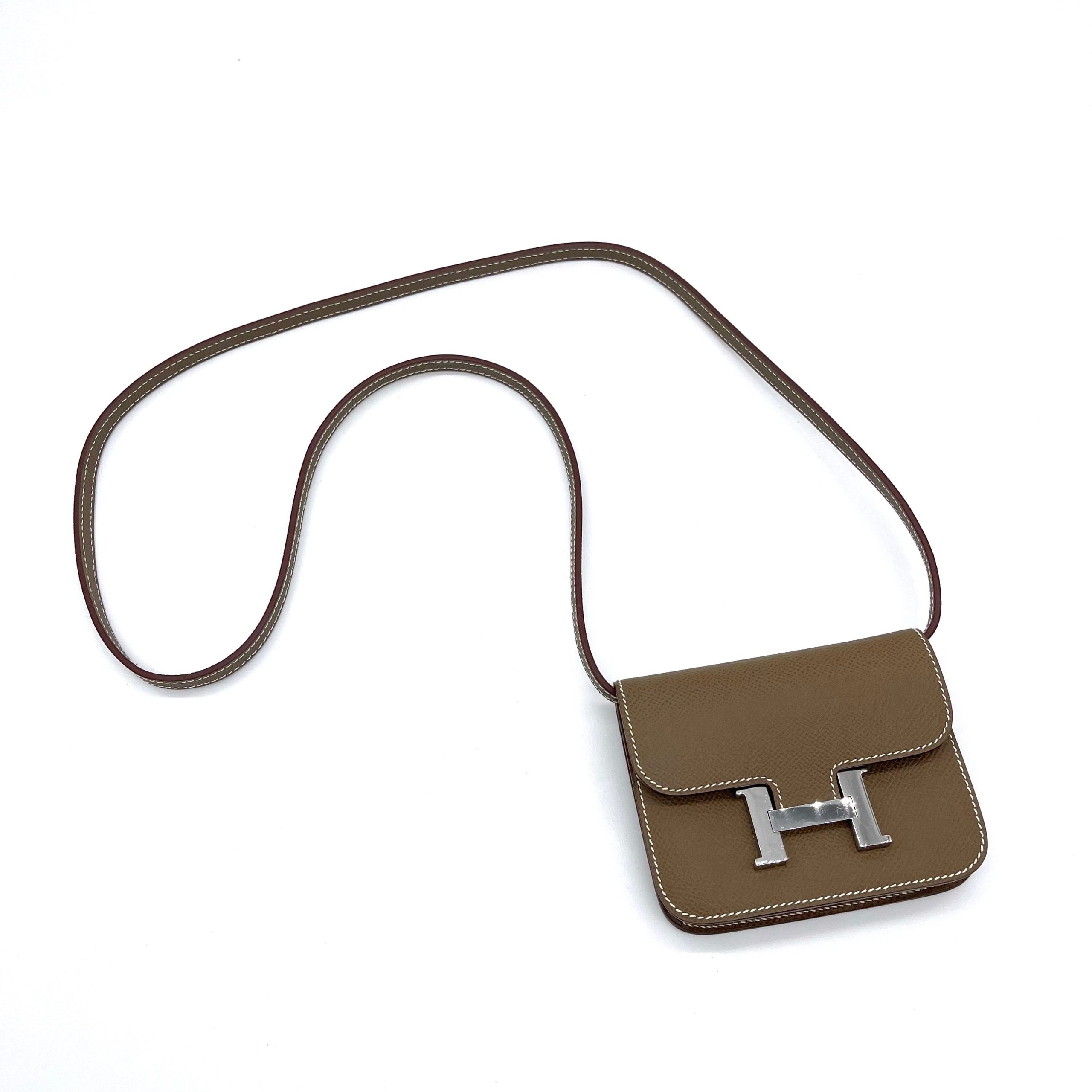 HERMES Etoupe Constance Slim Wallet Silver with Strap and Attachable to belt