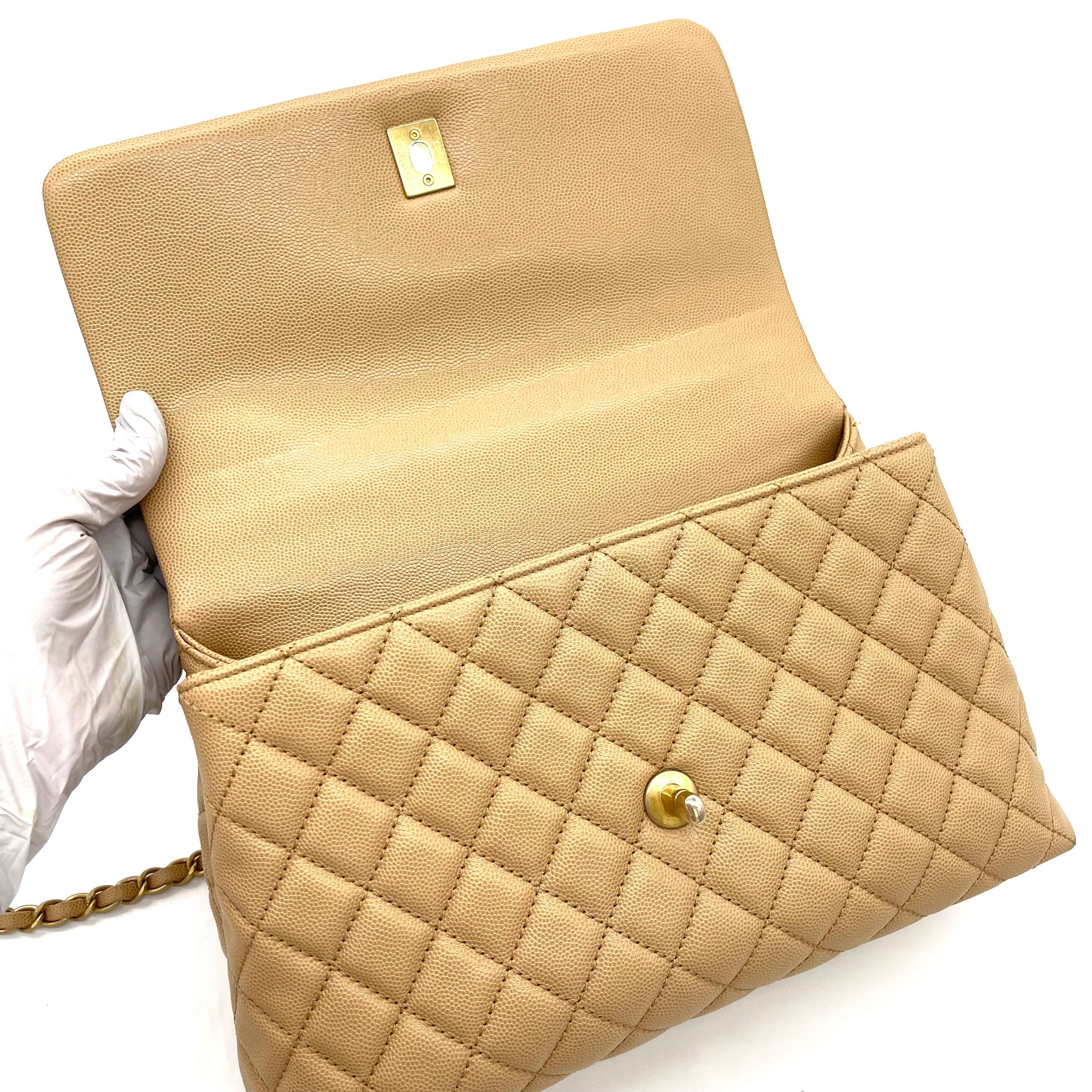 Chanel Coco Handle Small Flap Bag in Beige Caviar Leather with Gold Hardware