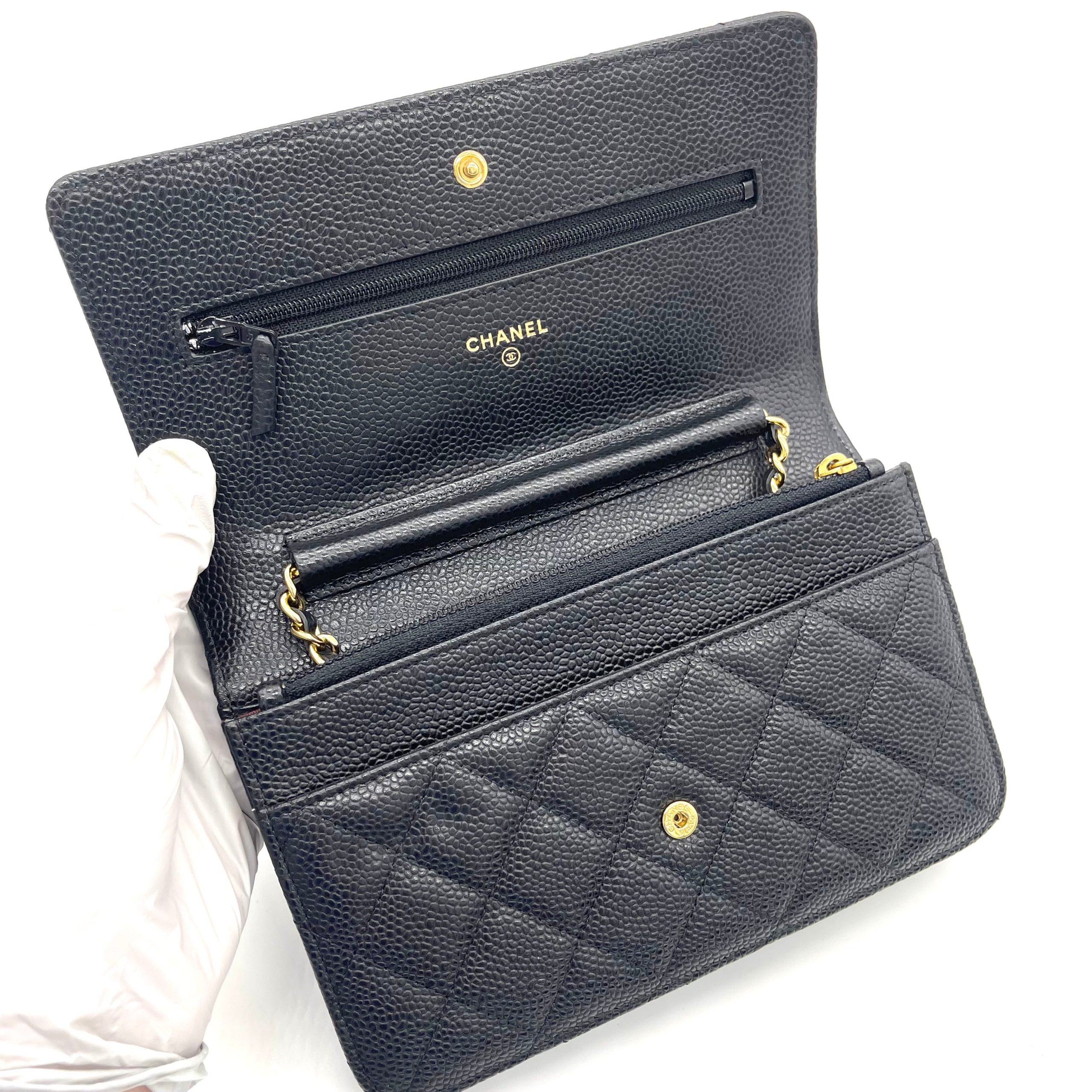 CHANEL Caviar Quilted Wallet On Chain (WOC) – Black & Gold