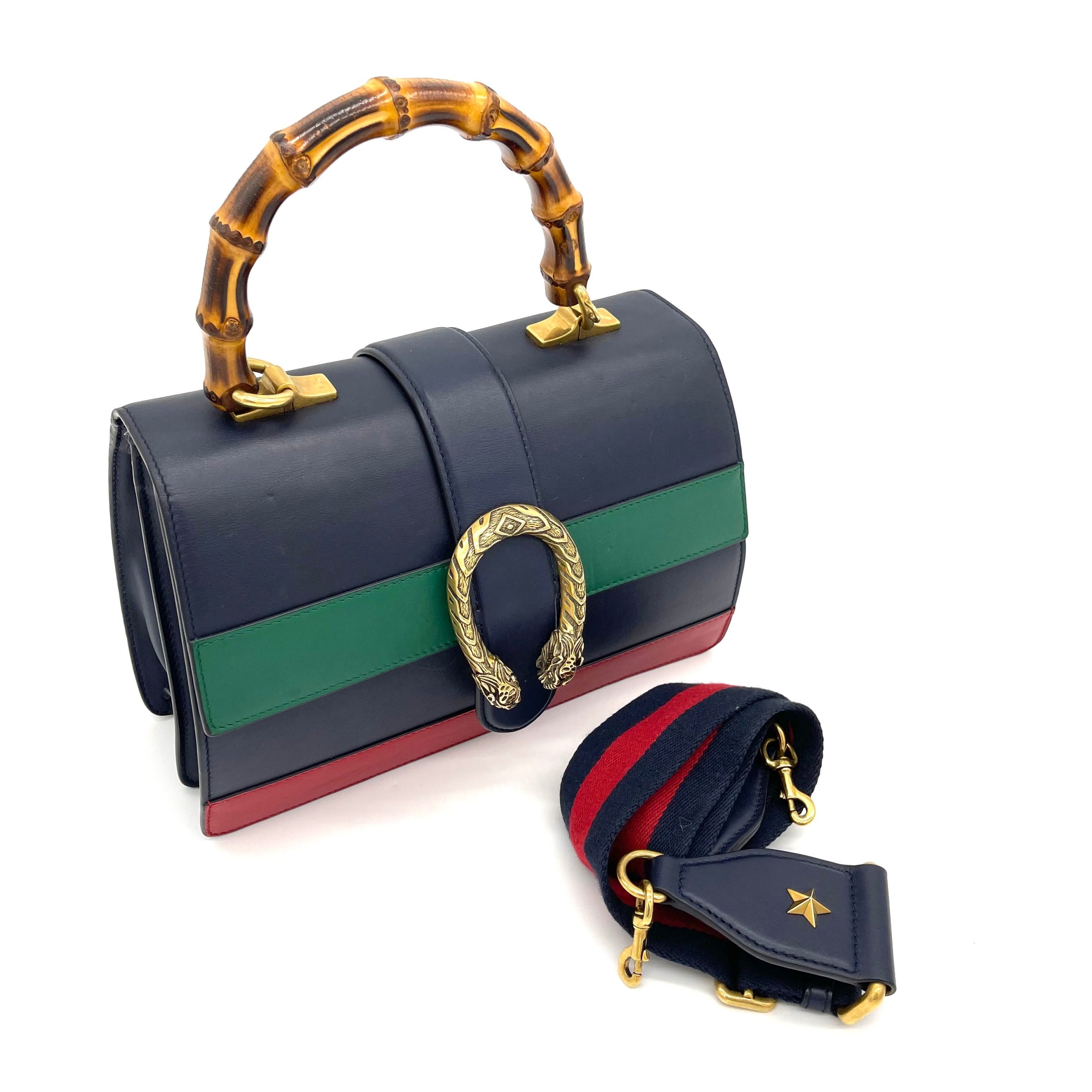 GUCCI Calfskin Bamboo Web Large Dionysus Top Handle Bag Black Bright Evergreen Hibiscus Red