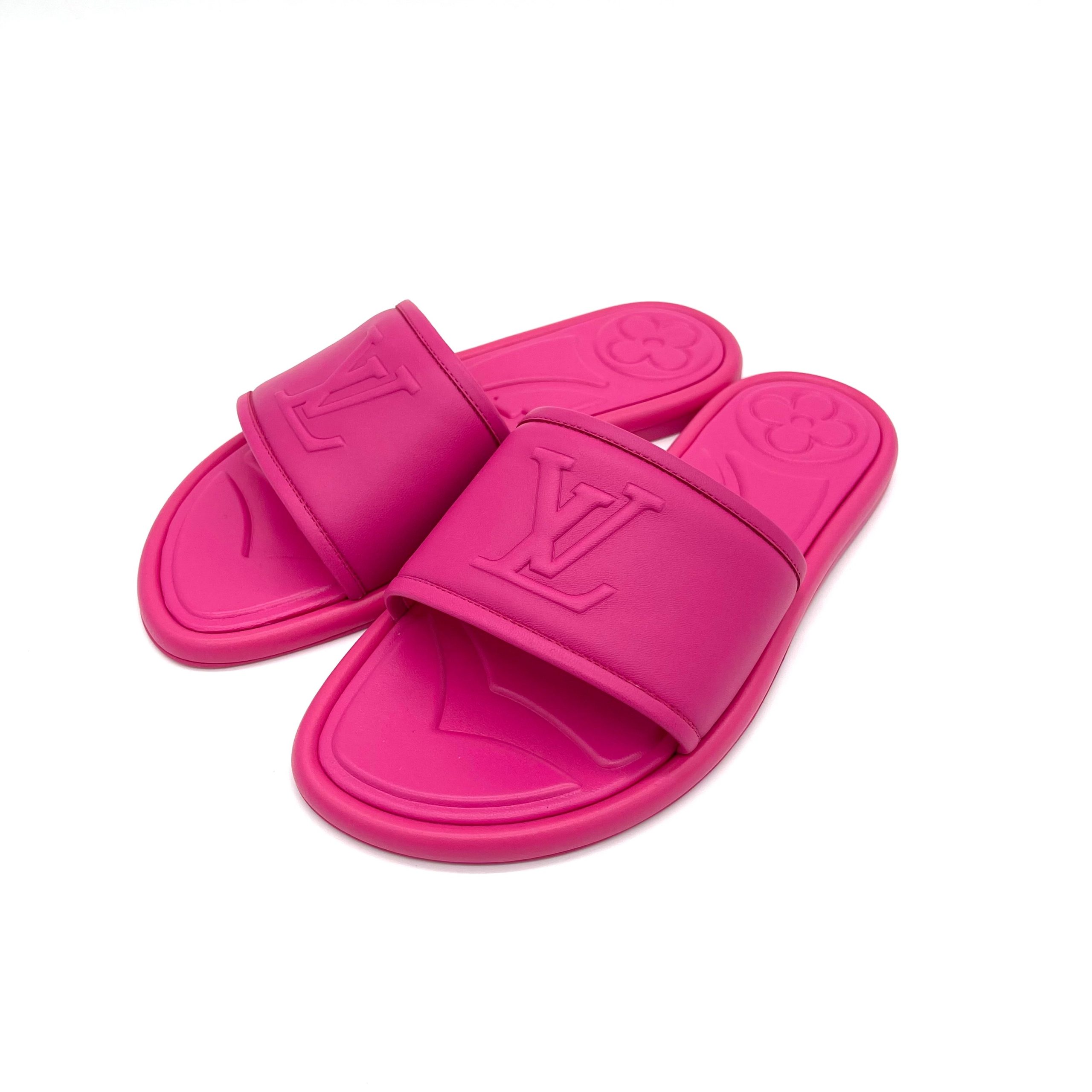LOUIS VUITTON Lambskin Embossed Monogram Magnetic Flat Mules Size36 Fuchisa MAO232