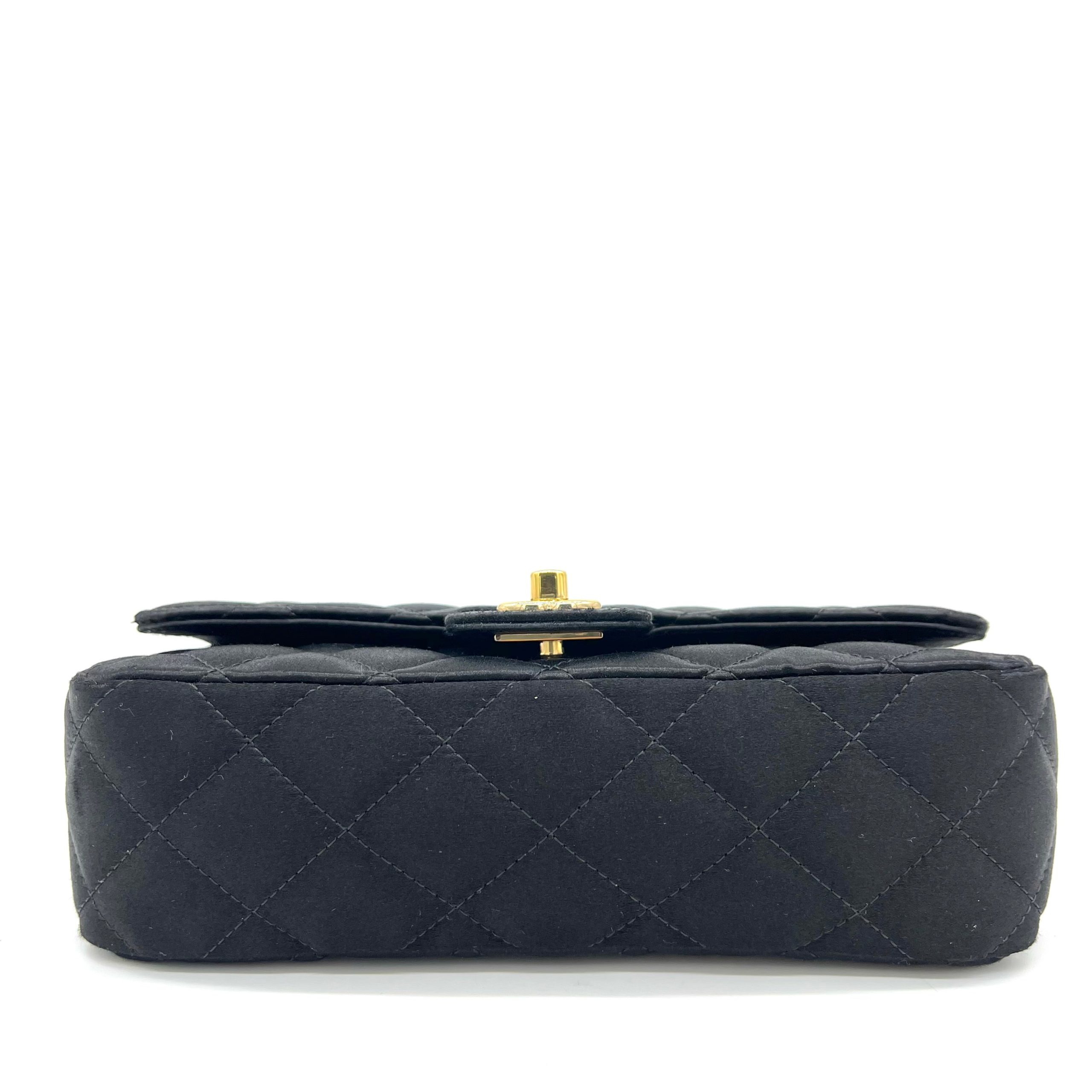 Chanel Satin Black Single Mini Flap Bag with Champagne Gold Hardware 2015-2016