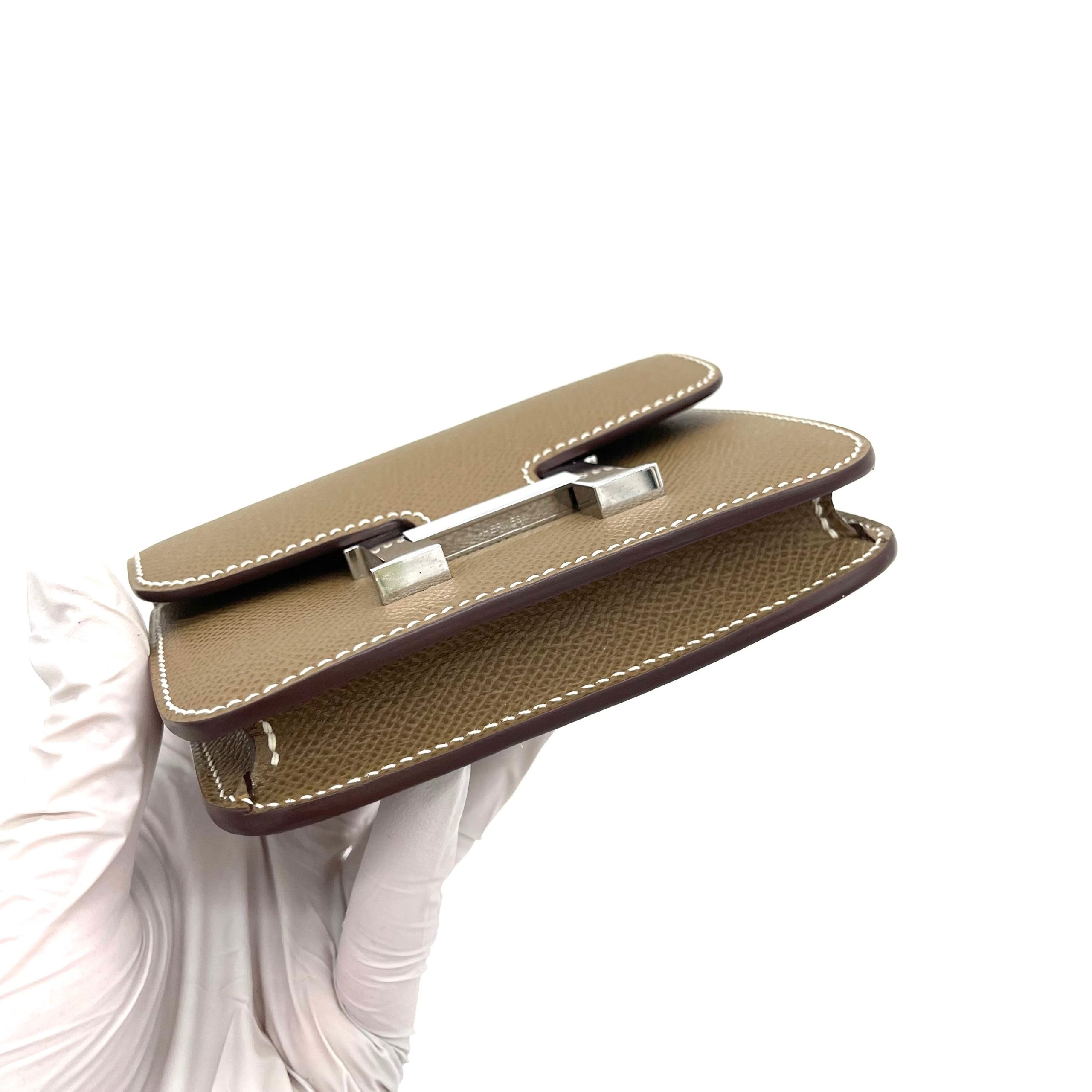 HERMES Etoupe Constance Slim Wallet Silver with Strap and Attachable to belt