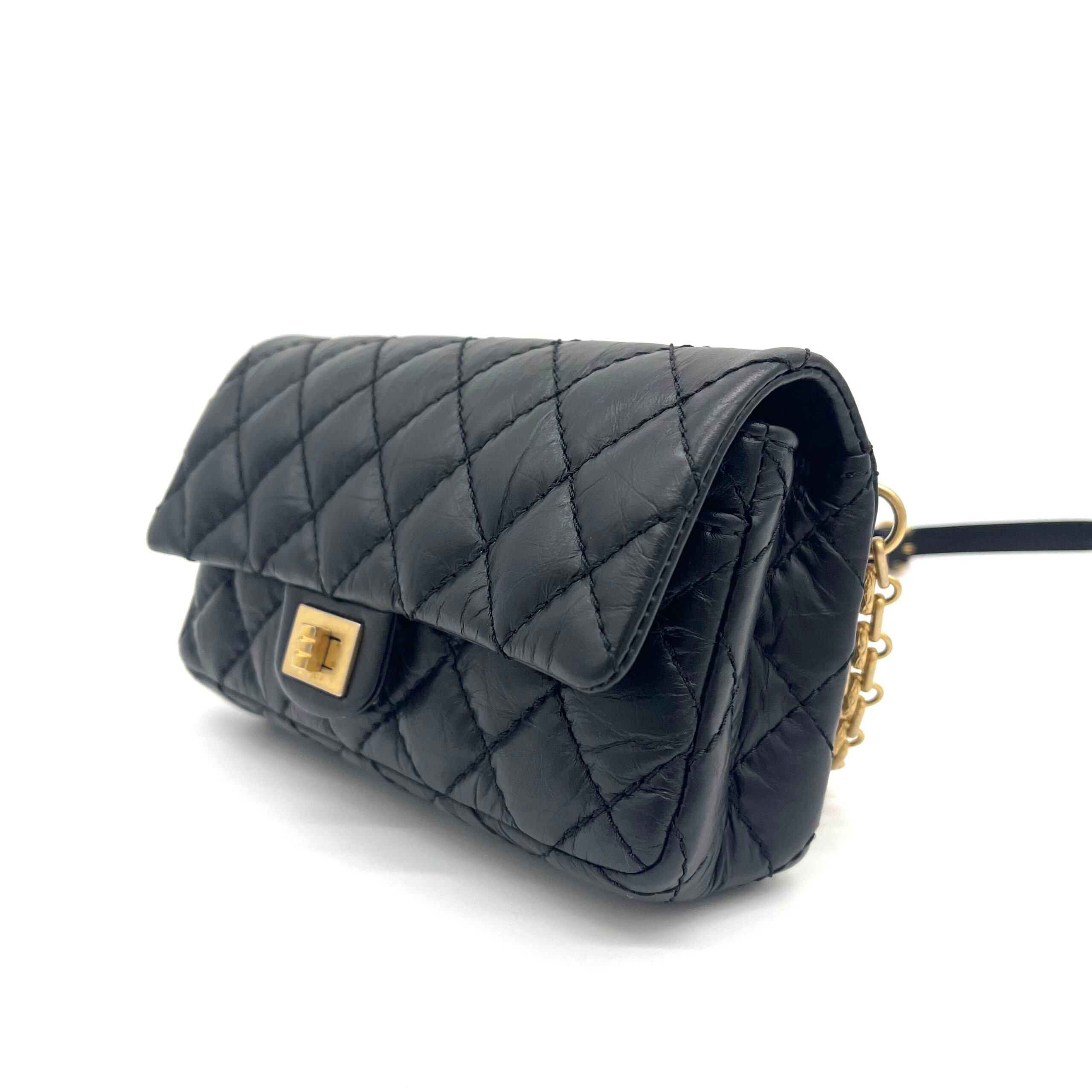 CHANEL  Aged Lambskin Quilted 2.55 Reissue Flap Belt Bag Clutch Black 2018-2019